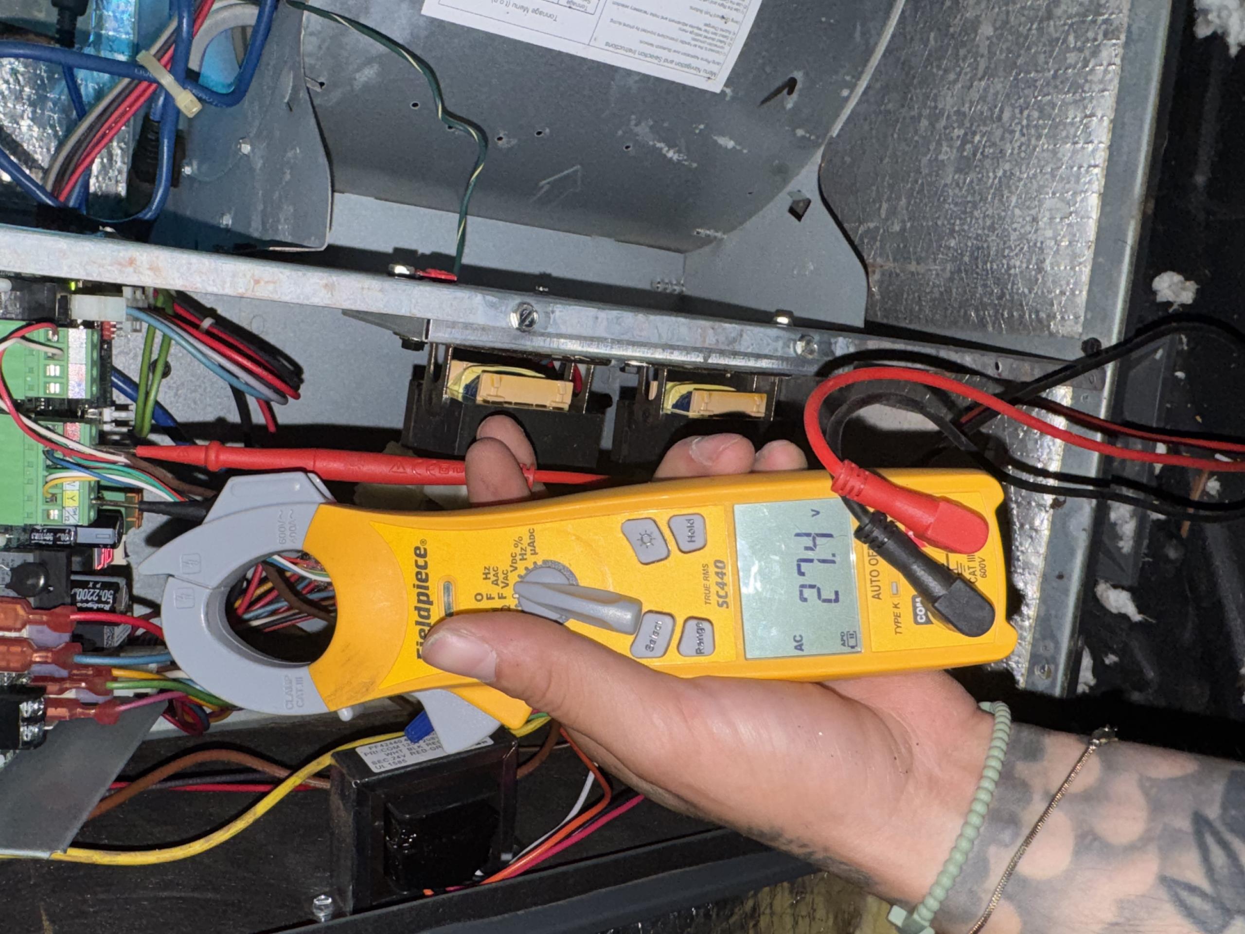 Attic air handler/hp system-(AMANA)
-Arrived on site and spoke with customer 
-Was told she had gotten her roof done yesterday and the ac unit stopped working last night 
-Located tstat/AC and proceeded with diagnostic
-Made sure system was calling for cool mode (27v)
-Indoor unit was operable but outdoor system wasn’t running
-Low circuit fault code was present on outdoor unit 
-Verified pressures and system was completely flat on refrigerant 
-Pressurized system and was able to pinpoint the leak
-Leak was created by a nail puncturing the copper liquid line 
-Cut damaged pipe off and re-piped/brazed copper so no more leaks were present 
-Pressurized system again making sure system held pressure 
-Put system under vacuum (500 microns) and charged accordingly (total charge=15lbs 5oz)
-Tested operation and now system is operable and maintaining temp°
