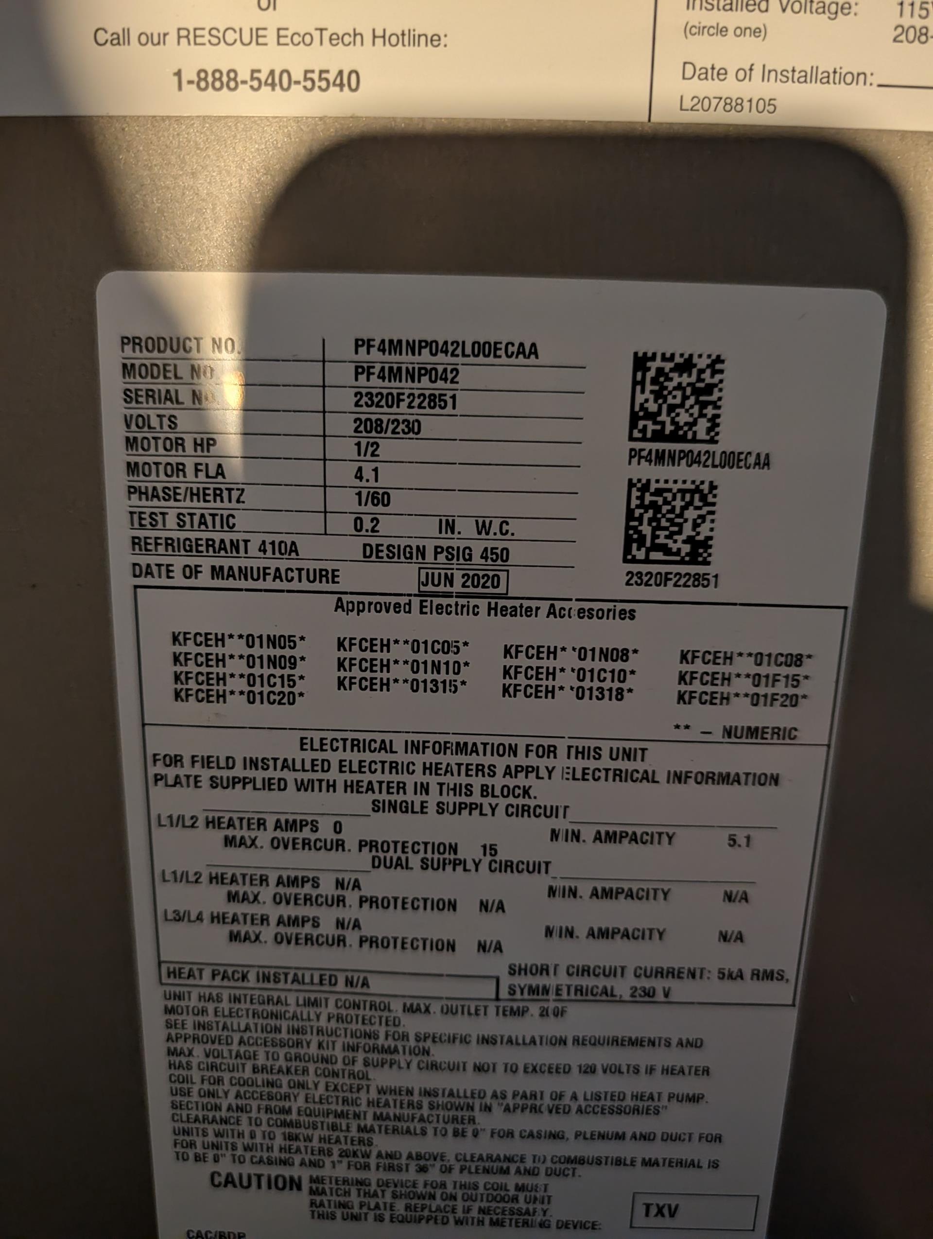 Equipment is 3.5 Ton heat pump with 10KW electric heat kit.

Homeowner explained that he had a company replace blower motor this past December.
System is not zoned. 2nd floor remains hot in cooling season unless thermostat (on first floor) is set to target temperature 70°.
Ductwork that is in attic for (2) second floor bedrooms is not sealed or insulated. 
*The underside of roof sheathing is insulated but there is no insulation in the bays under plywood. Homeowner may invest in insulating attic to modern standards, Took photos of attic and ducts that are in attic. 

Thermostat does not have input for outdoor temperature. Heat 
Unp drop was set to Comfort. I set to 3° which will control use of 10KW auxiliary heater a little better. Provo estimate to install Honeywell S1200 smart thermostat to be able to lock out electric heat when outdoor temperature is above a setpoint (40°)

Completed tune up. 

Replaced 20x20x1 filter
Indoor and outdoor coils in good condition 
Inspected wiring, cont
