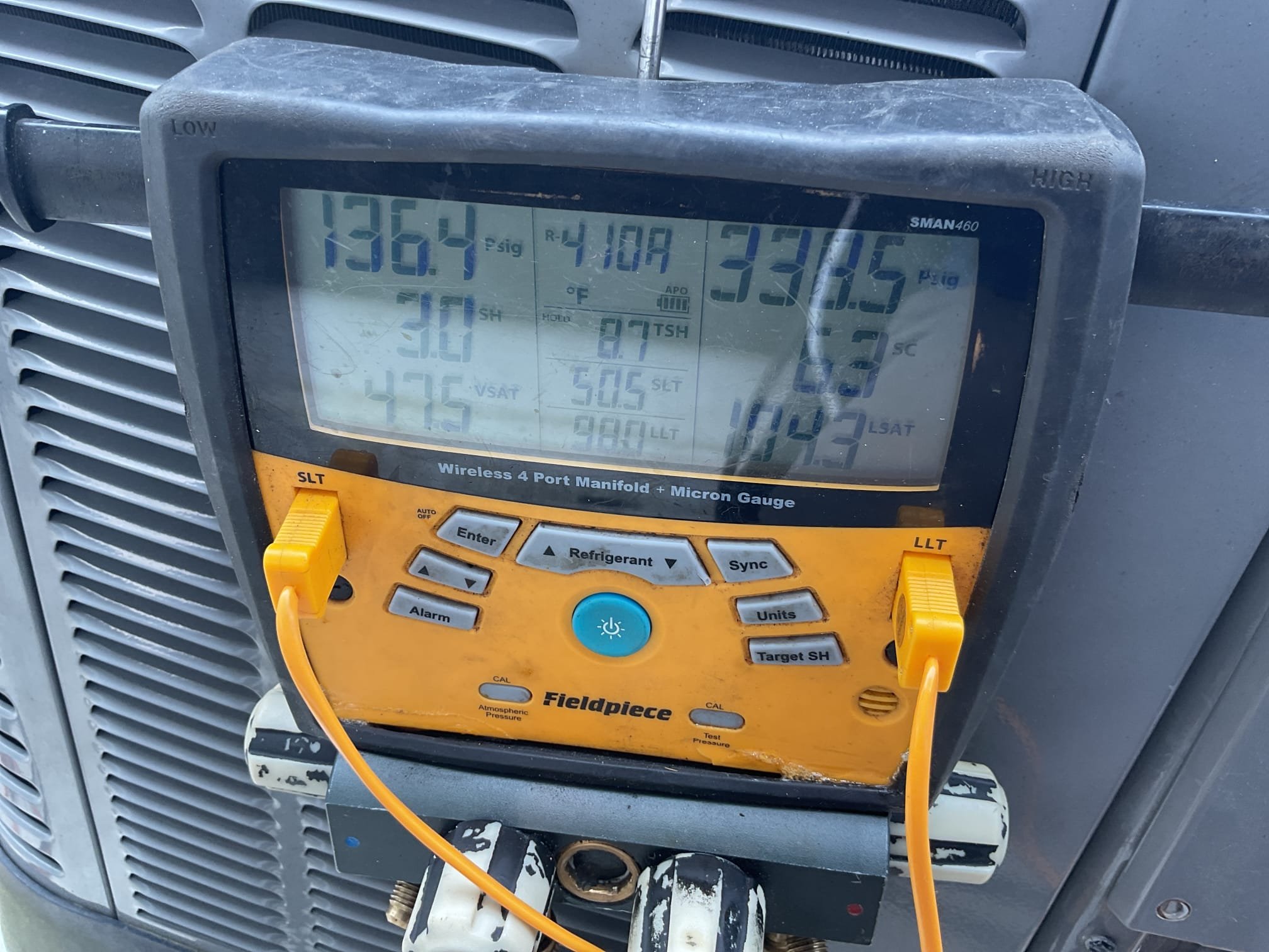 6/25/26. Re brazed over leaking pressure switch connection and installed new indoor txv valve. Pressure tested at 300 psi nitrogen and bubble checked. Vacuumed down system to 400 microns. R410a pressures are 338/136 with 6.3 subcooling and 20 degrees temperature split return. A/c is working properly at time of service. 
