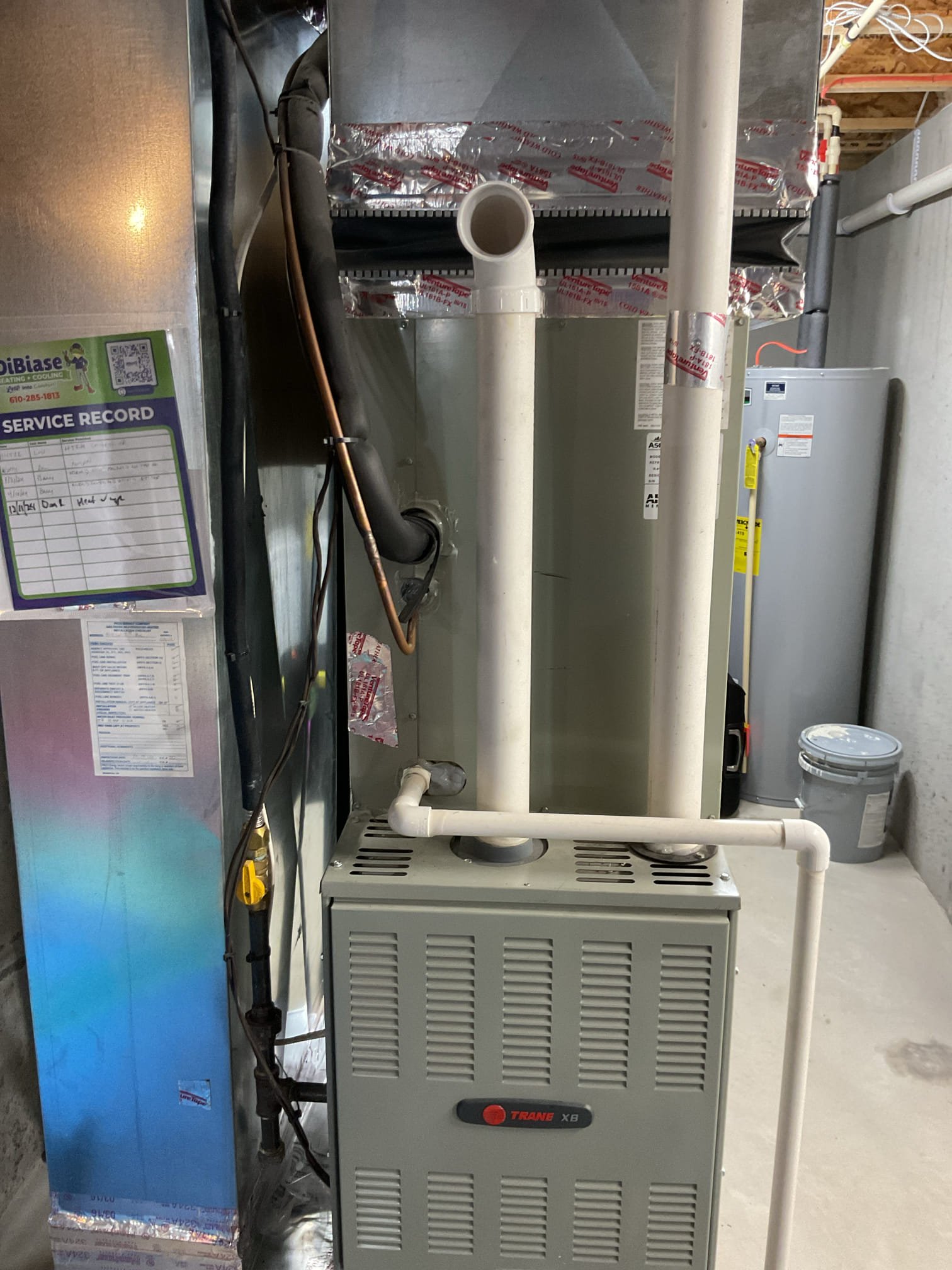 Completed AC tune up for 3 Ton Trane AC system
Equipment is Gas Furnace AC that dates to November 2016

-16x25x1 filter ok 
-Indoor and outdoor coils in good condition 
-Inspected wiring, controls, electric motors and components; left estimates for surge protectors 
-Measured temperature split (69-49=20°) and static pressure 
-Inspected drains; provided estimate for drain pan overfill safety switch and an estimate for a WiFi flood prevention monitor. If water is detected on floors near indoor equipment this monitor will shut equipment down
-Checked integrity of compressor motor (mega ohm test)

-Assessed refrigerant charge checked pressures. 12° Subcooling: Good

*Also provided estimate for APCOX whole home air treatment system UVC light keeps biological growth at bay and catalyst controls odors and VOCs. Lifetime warranty on the system. Replace UV bulb every 3 years. 

AC system operating well at this time. It is 10 years old which is considered the average lifespan of a forced air HV