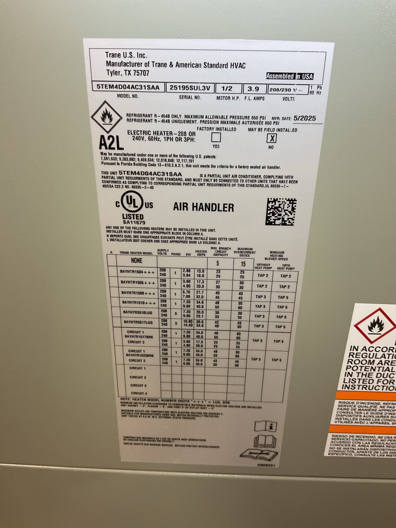 Completed QA for 2.5 Ton Trane AC Air handler for the addition (thermostat in master bedroom 2nd Floor)

Inspected all aspects of install: mechanical, wiring, ductwork connections, drain piping and safeties. 

Unit was running at 6.5° SC I added 12oz r454B now running at 10° Subcooling and temperature split 19°

Install passes QA inspection 