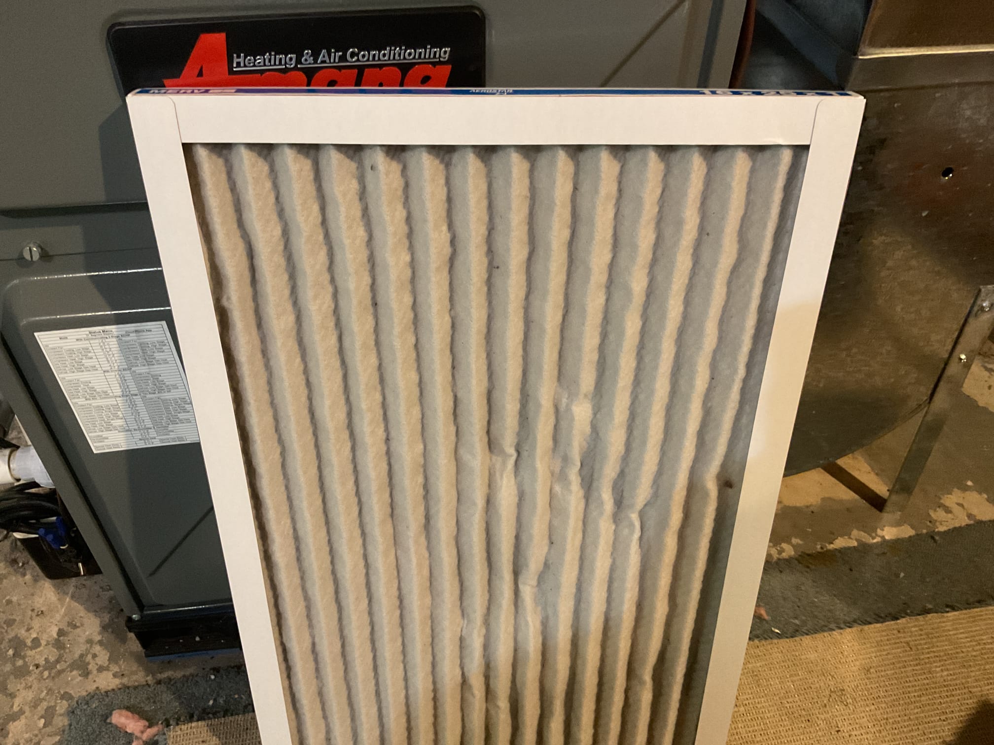 6/26/26 performed precision a/c tune up on 2022 amana a/c system. Replaced 16x25x1 air filter. Checked all electrical connections and components. Brushed out ez trap. Checked temperature split. Tested outdoor capacitor. Checked refrigerant pressures and temperatures at indoor and outdoor units. Recommended installing surge protection for Ecm blower motor, installed. A/c is working properly at time of service. 