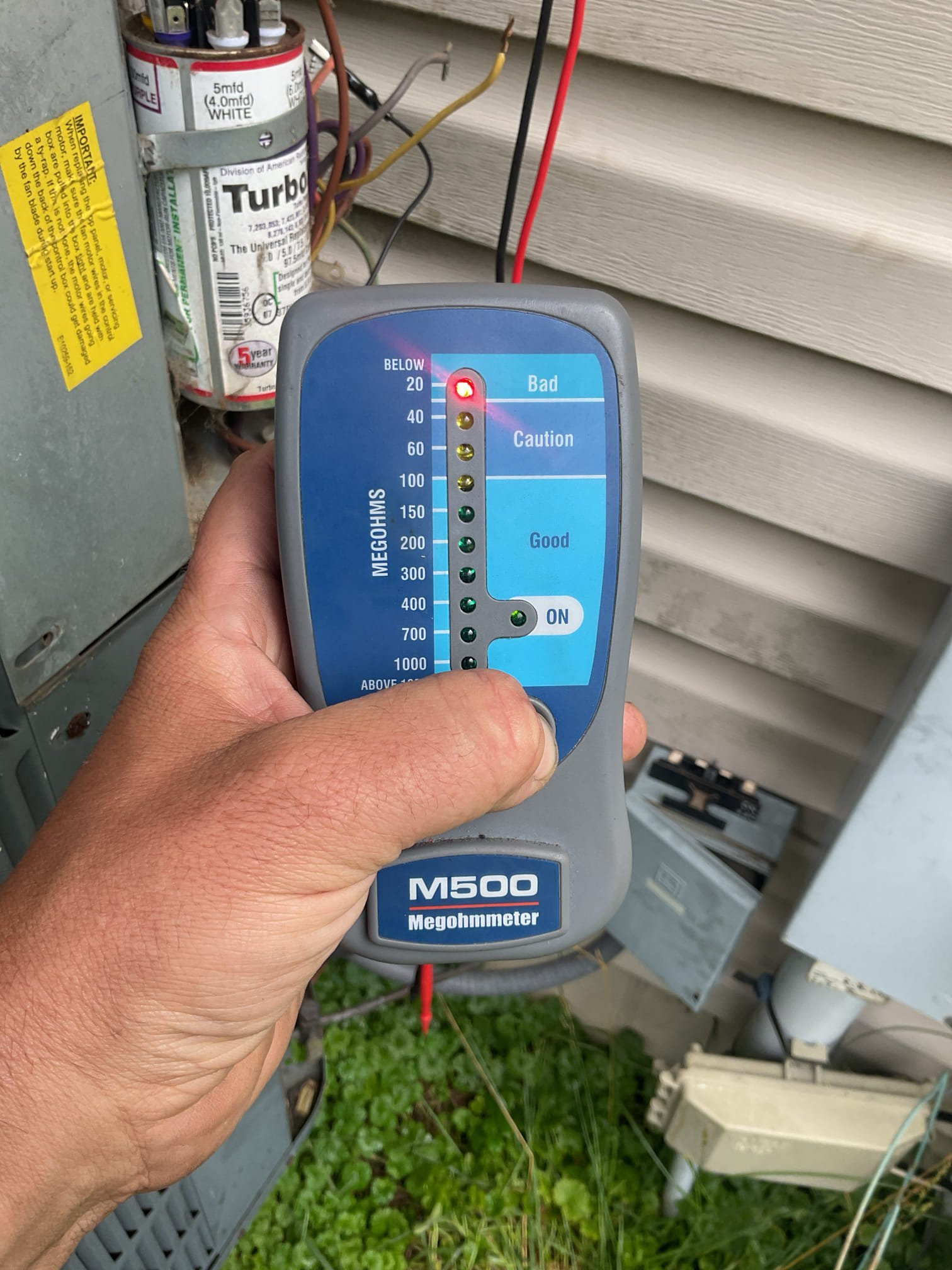 Homeowner called in stating that outdoor unit breaker will occasionally trip. Has done it twice earlier this week

Megaohm test failed when measured at the wires  compressor terminals and unit. However we’re reading just within passing range (150megaohms) when measured at the compressor itself. The ohm reading between wontons read perfect when measure the compressor itself but fluctuated when measured using the wires. Offered compressor terminal and wire repair kit and start assist kit. Start assist will reduce inrush current and help compressor with starting torque, Homeowner agreed. Completed work today. The Megaohm test now passes with new 10guage compressor wires. (See photos).
Homeowner also agreed to plan membership:

Completed AC tine up under new plan. 
Completed AC tune up for 4 Ton Goodman AC system
Equipment is gas funace/AC dating to early 2006 20 years old. 

Replaced 16x25x1 filter
Indoor coil rusted as to be expected given age, outdoor coil ok 
Inspected wiring, controls