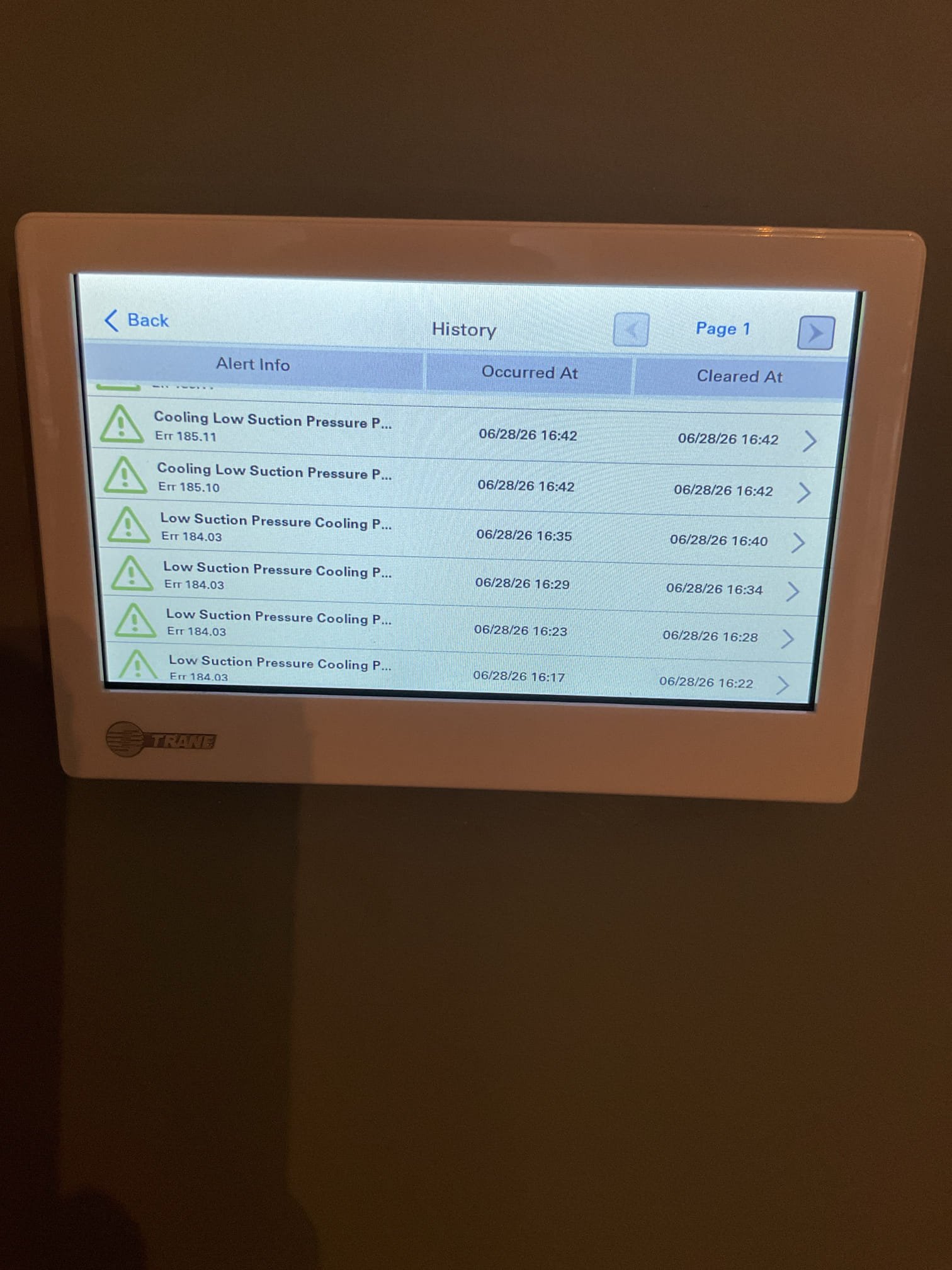 No cooling
Equipment is 3 Ton Trane installed by us May 22 2024.

Found error codes for indoor coil freeze protection and low suction pressure and high superheat. 

System is low on refrigerant. Running at 98 psi in normal operation 50 psi in test mode.

Found leak at indoor coil towards the bottom. Verified this with electronic leak detector. It is within the tubing just inside the fins on bottom left side of indoor coil. 

Charged system as needed based on manufacturer pressure curve while running in Test Mode: Charging. 

We will be in communication regarding indoor coil replacement. 