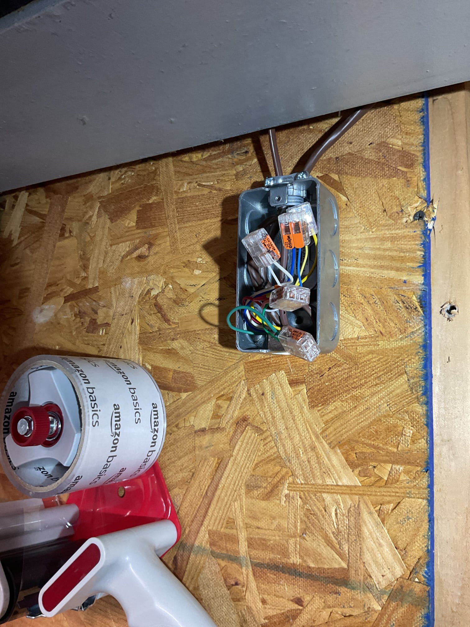 3.5 Ton AC install by us 9/11/20

Homeowner experienced blank thermostat this past weekend and took it upon himself to find these cause. He found a poorly connected splice of the low voltage thermostat wire above the supply rink. Connection were made with electrical tape and the common wire (blue) was not properly stripped so not making any connection,
He fixed connection as best as possible himself and tuned system back on. 

I made new 2x4 metal junction box and spliced a new length of 18/5 wire from that point back to the furnace and wired in.
Tested system afterwards first by turning on indoor fan only>Ok 
Checked 45/7.5uF dual capacitor, reading 44/7.4 Good

Then made demand for cooling system came on with no issue. 7° Subcooling 19.4° 
Temperature split 19.5°

System operating well at this time. 

He asked to renew the plan membership today. 