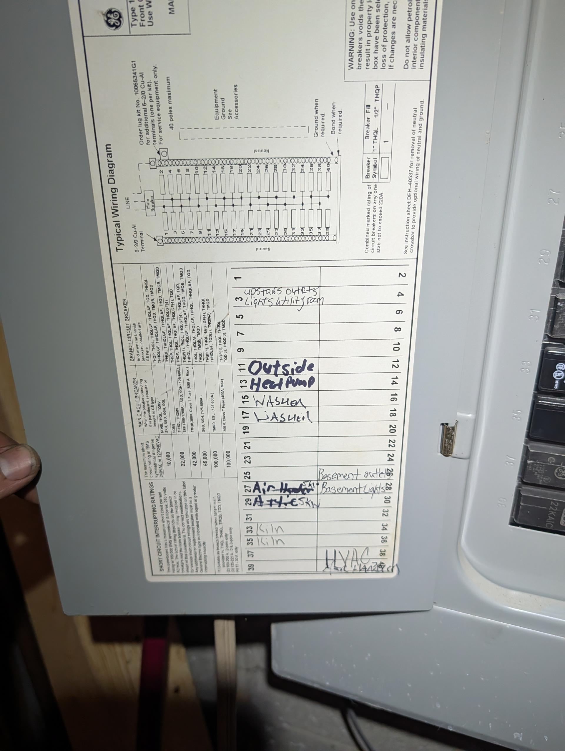 Correctly identified and labeled breakers for HVAC equipment:

25A Double pole for outdoor Heat Pump correct (11+13 in panel)
50A Double Pole for Air handler (36+38) is EATON should be a GE breaker. We will order and return with 50A double pole GE breaker.

There are (2) GE 20A (27 and 29) single pole breakers powering the extra bank of electric heat 5K. The wire size is 12 gauge. Needs to be a 10guage wire on a 30A double pole breaker. I disabled the extra bank of heat at the panel (breakers 27 and 29 OFF) 

10KW with 3Ton Bosch inverter will be adequate to support heating load in winter. If the extra bank of heat is to be energized it will need a new 10 gauge wire. 

We will order GE 50A double pole and schedule a return. 

*There is another EATON breaker (60A Double pole) that should also technically be a GE breaker. It is for a kiln for a pottery studio. Homeowner is going to get an electrician to install correct breaker. 
 