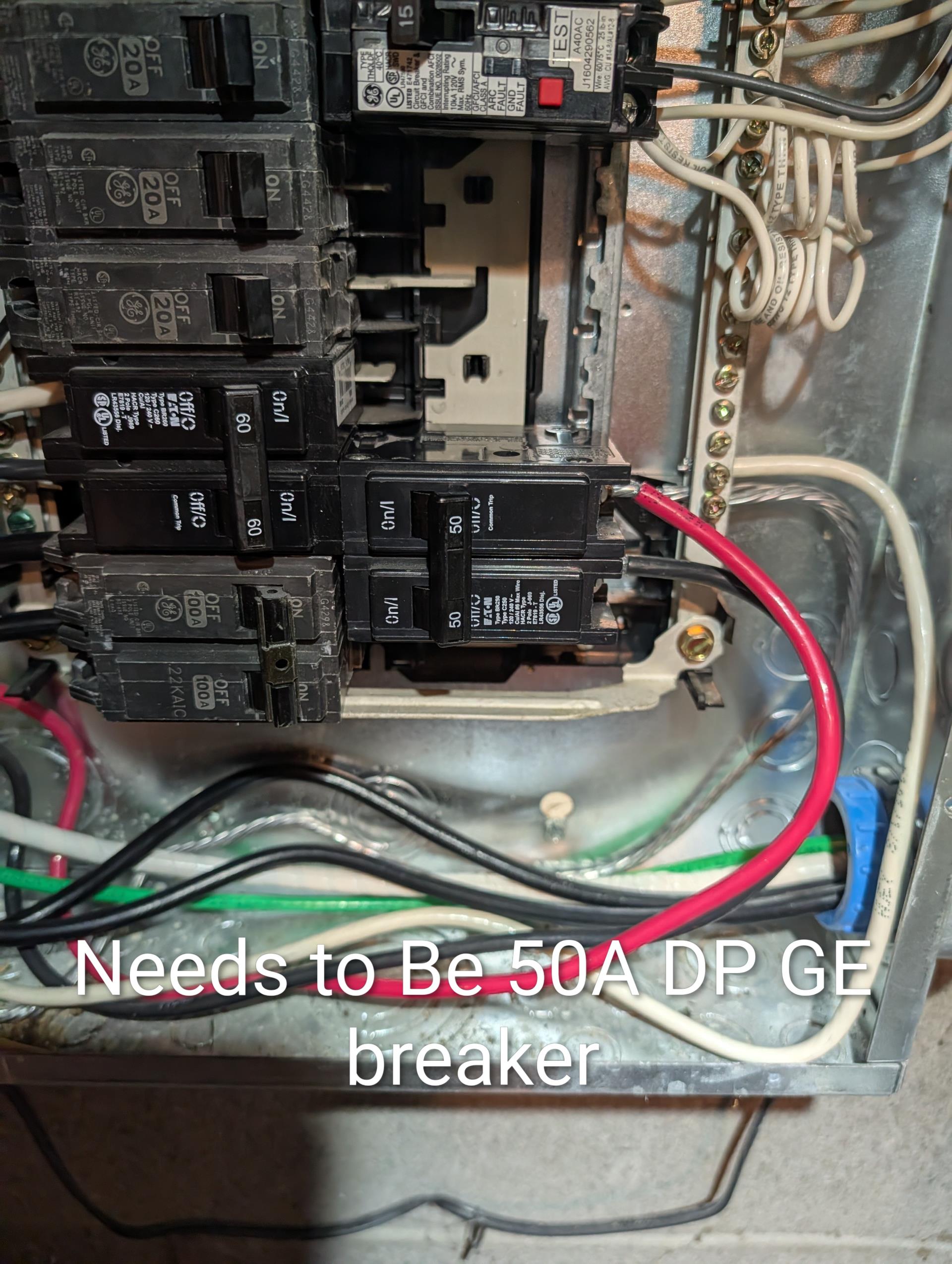 Correctly identified and labeled breakers for HVAC equipment:

25A Double pole for outdoor Heat Pump correct (11+13 in panel)
50A Double Pole for Air handler (36+38) is EATON should be a GE breaker. We will order and return with 50A double pole GE breaker.

There are (2) GE 20A (27 and 29) single pole breakers powering the extra bank of electric heat 5K. The wire size is 12 gauge. Needs to be a 10guage wire on a 30A double pole breaker. I disabled the extra bank of heat at the panel (breakers 27 and 29 OFF) 

10KW with 3Ton Bosch inverter will be adequate to support heating load in winter. If the extra bank of heat is to be energized it will need a new 10 gauge wire. 

We will order GE 50A double pole and schedule a return. 

*There is another EATON breaker (60A Double pole) that should also technically be a GE breaker. It is for a kiln for a pottery studio. Homeowner is going to get an electrician to install correct breaker. 
 