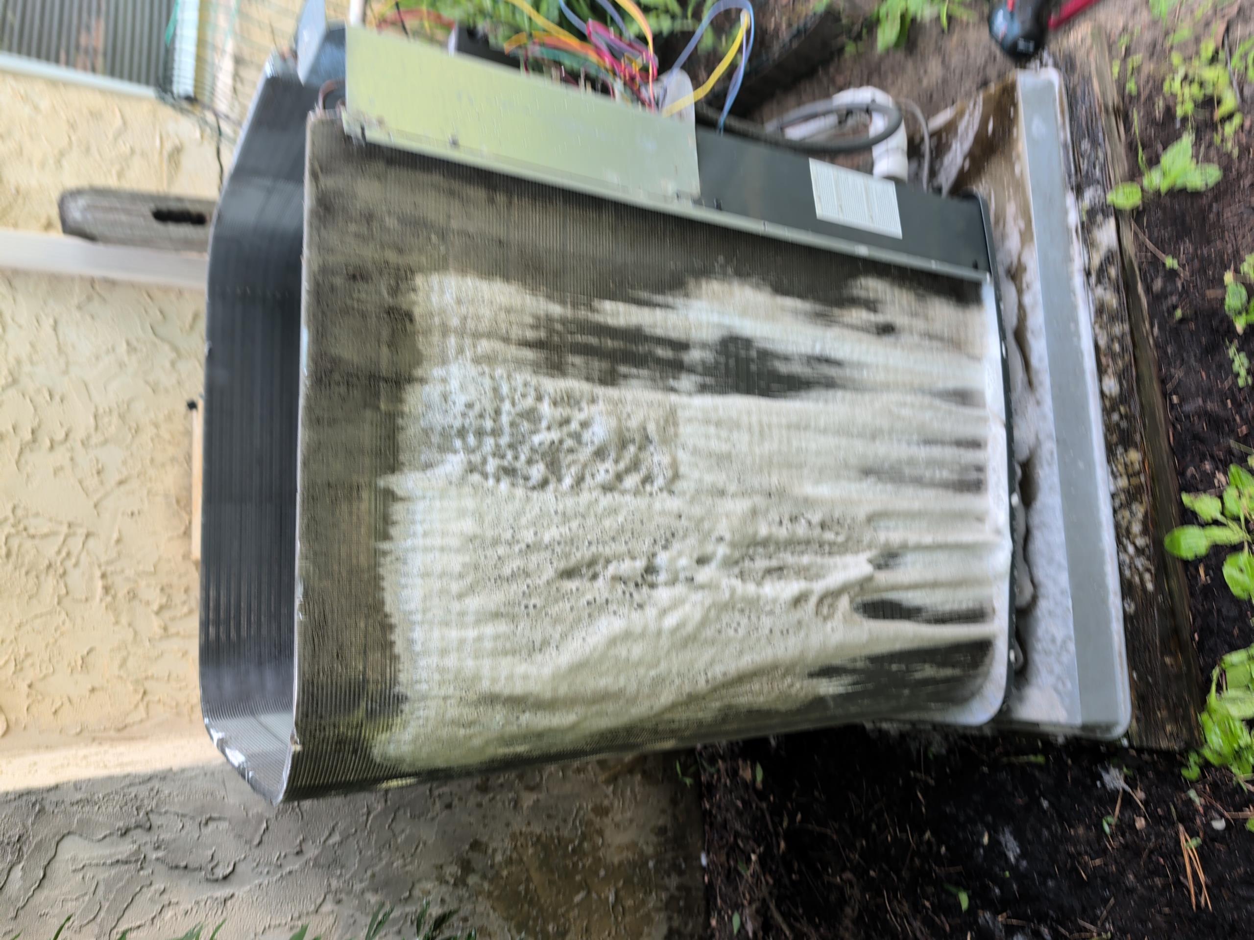 Cleaned outdoor coil.
Disassembled hardware.
Cleaned as much debris as possible with brush and shop vac.
Cleared remaining debris with water.
Sprayed with coil cleaner and allowed to foam.
Sprayed with water only to finish.
Reassembled unit and tested .

5° SC
Compressor start winding amps: 5.8A 

System operating well at this time. 