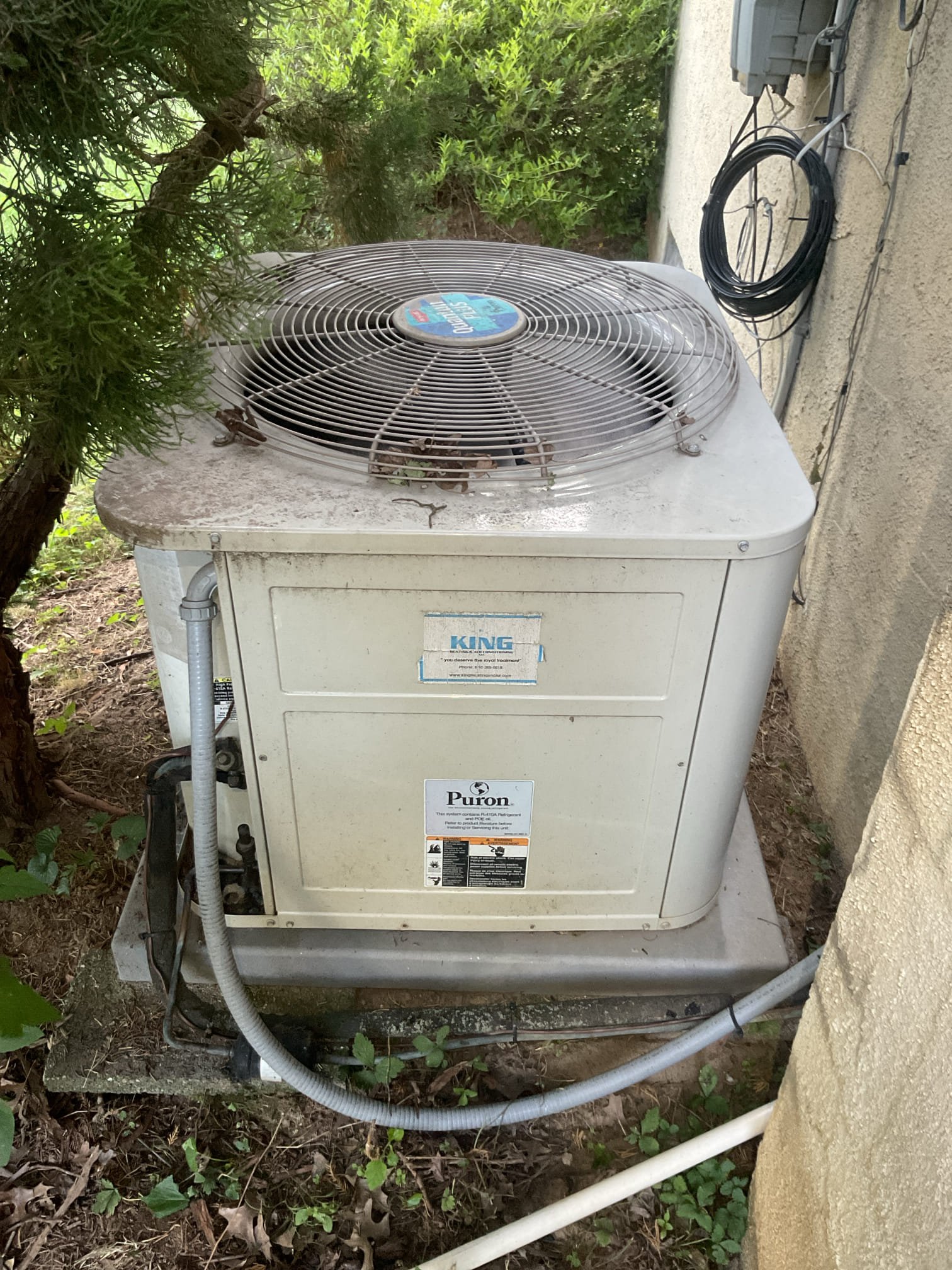 No Cooling

Replaced filter provided by homeowner 14x30x1

Equipment is 2.5 Ton  AC/air handler. Air handler is in attic.
Dates to 2005: 21 years old.
Found failed dual capacitor capacitor.
Offered to replace failed capacitor.

*Originally I thought it was low on refrigerant but I had accidentally back seated the service valve the wrong way causing it to appear that way. I fixed this. System running at 13° SC.

Left estimate for EZ trap: AC drain line trap with overfill protection switch and cleanout. 

Equipment is 21 years old which is well beyond replacement age for forced air HVAC system. Recommend replacing system. In-home consultations where quote for new systems are provider free from Dibiase. 
System does not have surge protection. Provided Emil estimates for surge protectors, 

Homeowner decided on plan membership+diagnostic+replace failed capacitor. Paid via check today. 