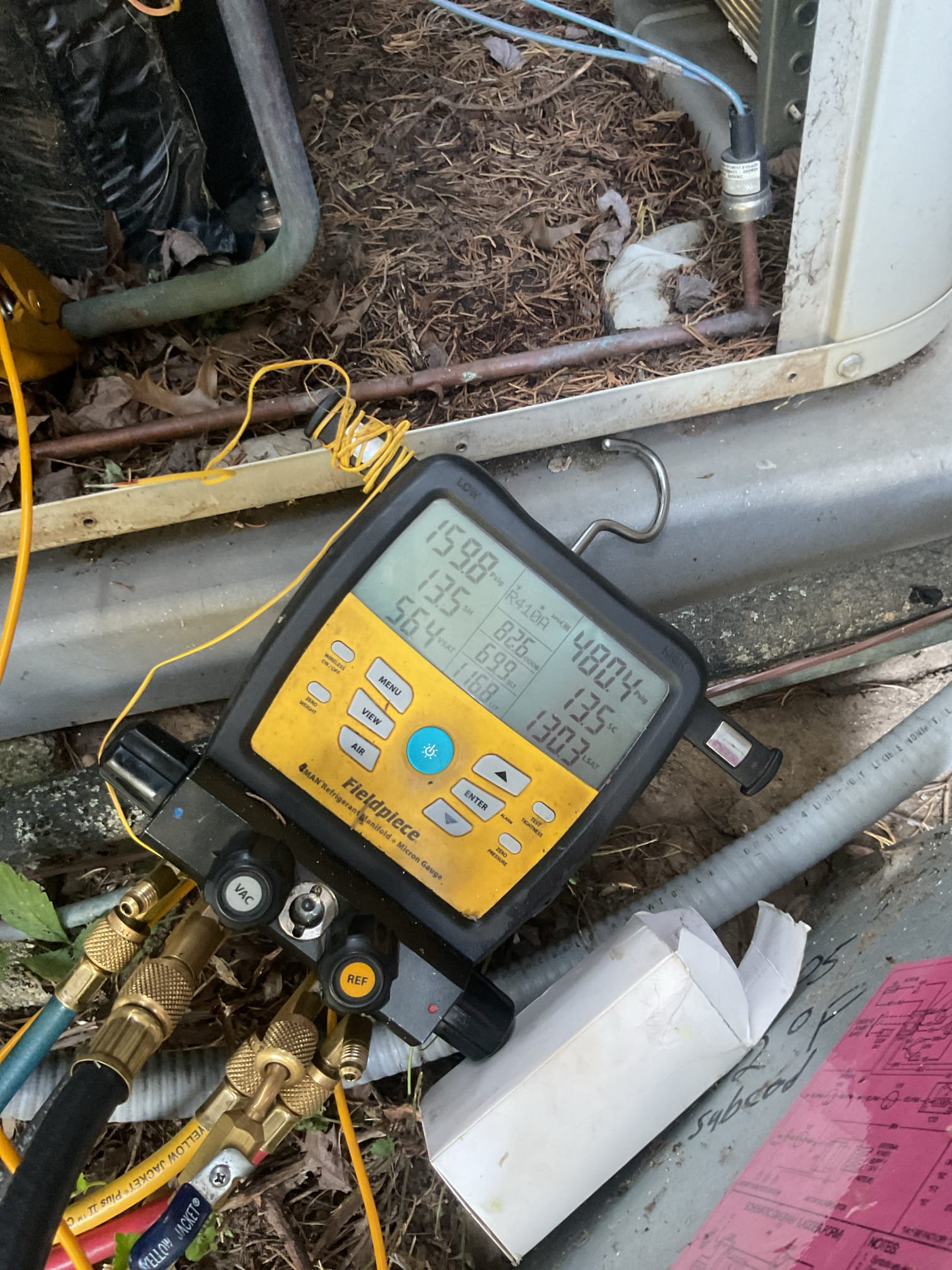 No Cooling

Replaced filter provided by homeowner 14x30x1

Equipment is 2.5 Ton  AC/air handler. Air handler is in attic.
Dates to 2005: 21 years old.
Found failed dual capacitor capacitor.
Offered to replace failed capacitor.

*Originally I thought it was low on refrigerant but I had accidentally back seated the service valve the wrong way causing it to appear that way. I fixed this. System running at 13° SC.

Left estimate for EZ trap: AC drain line trap with overfill protection switch and cleanout. 

Equipment is 21 years old which is well beyond replacement age for forced air HVAC system. Recommend replacing system. In-home consultations where quote for new systems are provider free from Dibiase. 
System does not have surge protection. Provided Emil estimates for surge protectors, 

Homeowner decided on plan membership+diagnostic+replace failed capacitor. Paid via check today. 