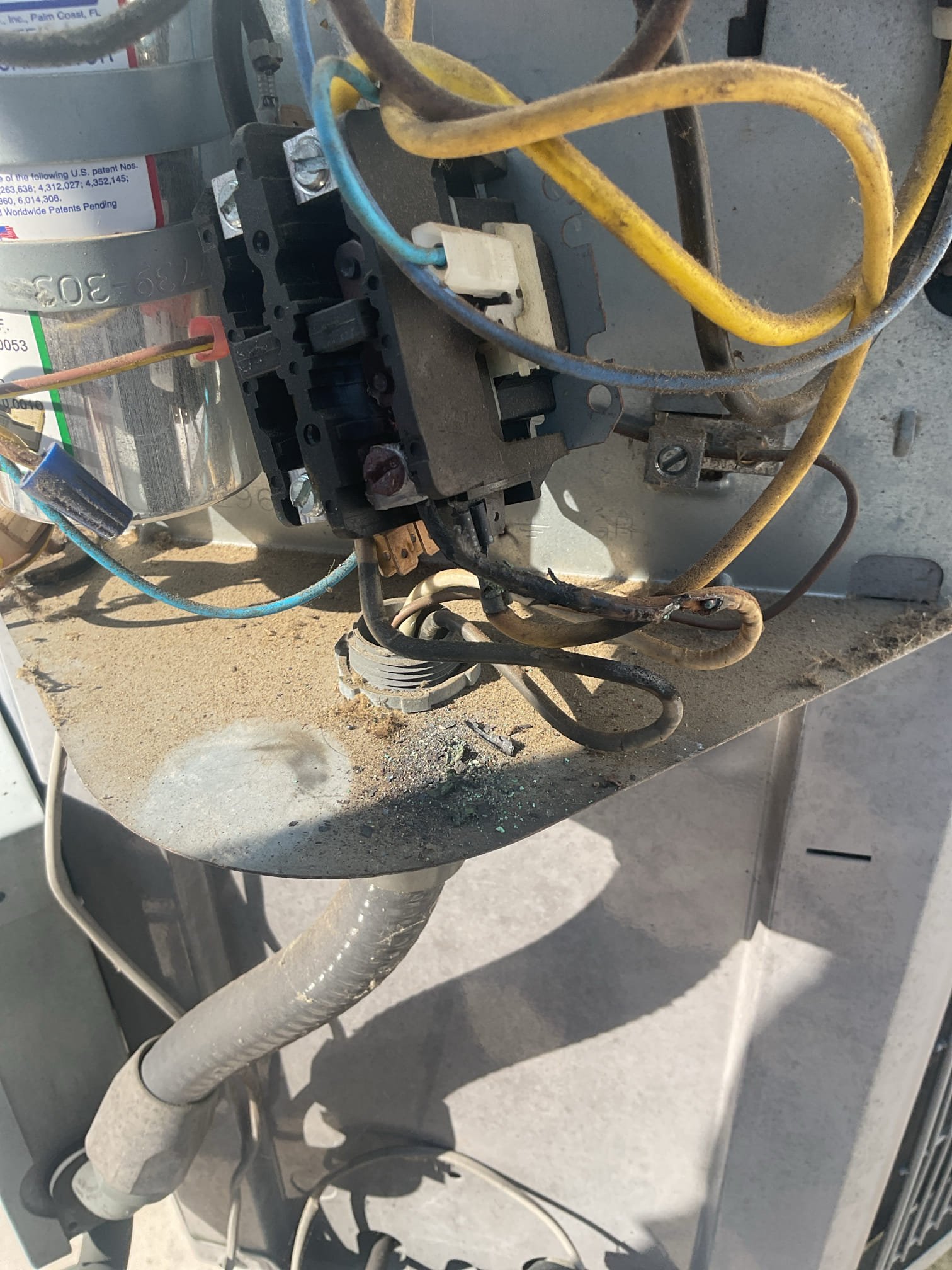 7/1/26. Fully assessed no cooling situation on 2016 carrier split a/c system. Found burnt up hard start kit, capacitor, and double pole contactor. Also found hole burnt thru electric panel cover on unit. Wayne wanted to replace burnt up parts to see if compressor was ok. Checked compressor with megometer it passed. Replaced all parts an cut off burnt up wires. Everything was supplied by riverworks except double pole contactor. Tested a/c operation. Compressor amps were 10 amps which were good. Checked r410a refrigerant pressures they were 359/125 16 subcooling and 12 superheat. 13 subcooling is what it calls for so not bad. A/c is working properly at time of service. 