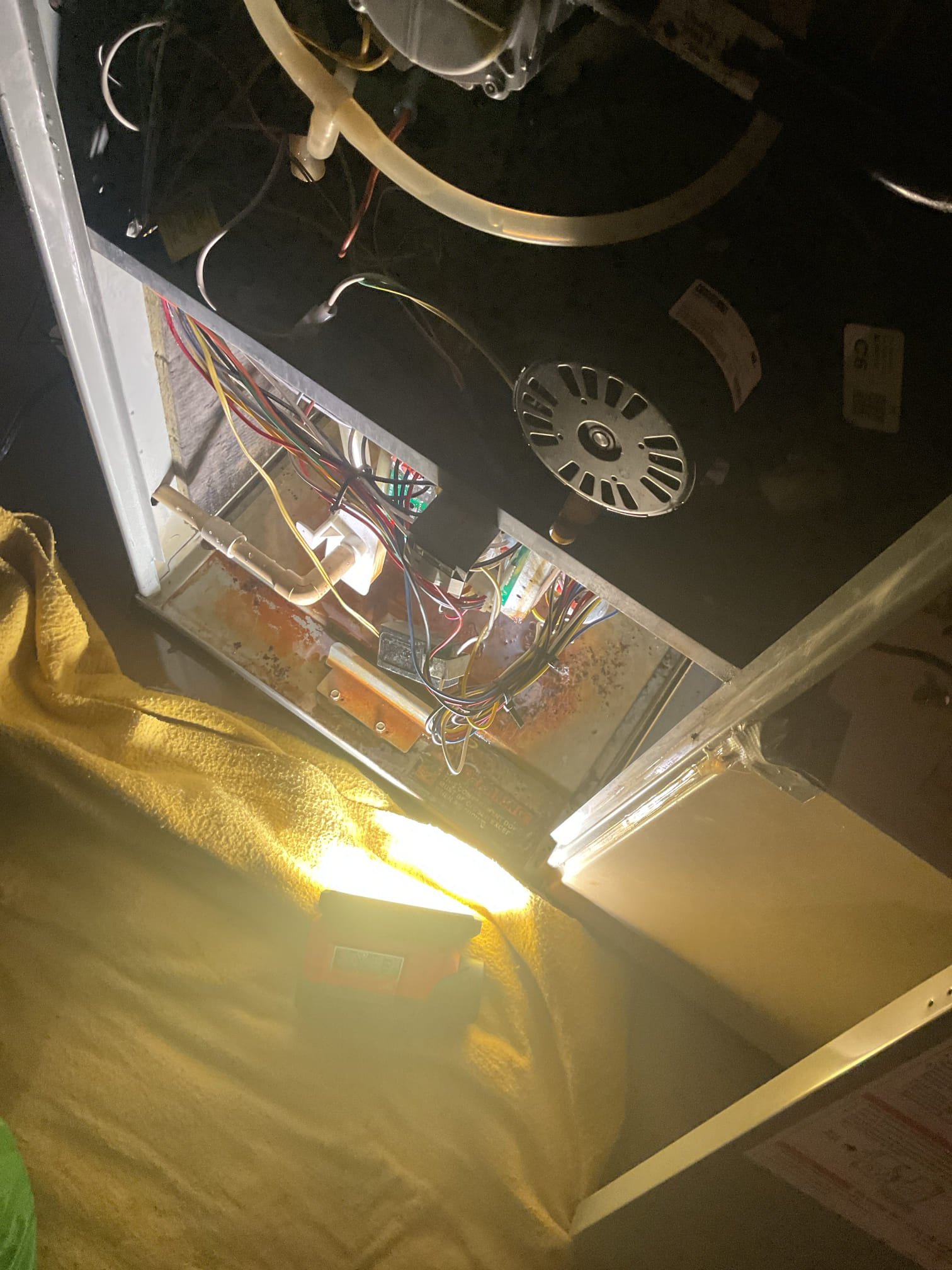 7/1/26. Fully assessed no cooling situation on 1999 trane gas furnace and a/c. Found water all over the floor around 1st floor system. Found water all down in thru the blower motor and over circuit board. Found 24 volts between c&g at control board but not output 125 v to blower motor. The problem with the entire situation is if the system is low on r-22 and the system was freezing causing the other components to fail.the system is 27 years old and not worth repairing. Provided estimate to replace circuit board and blower motor. But at this point it is too much of a risk. Highly recommend get a replacement quote. He is going to speak with his wife first.