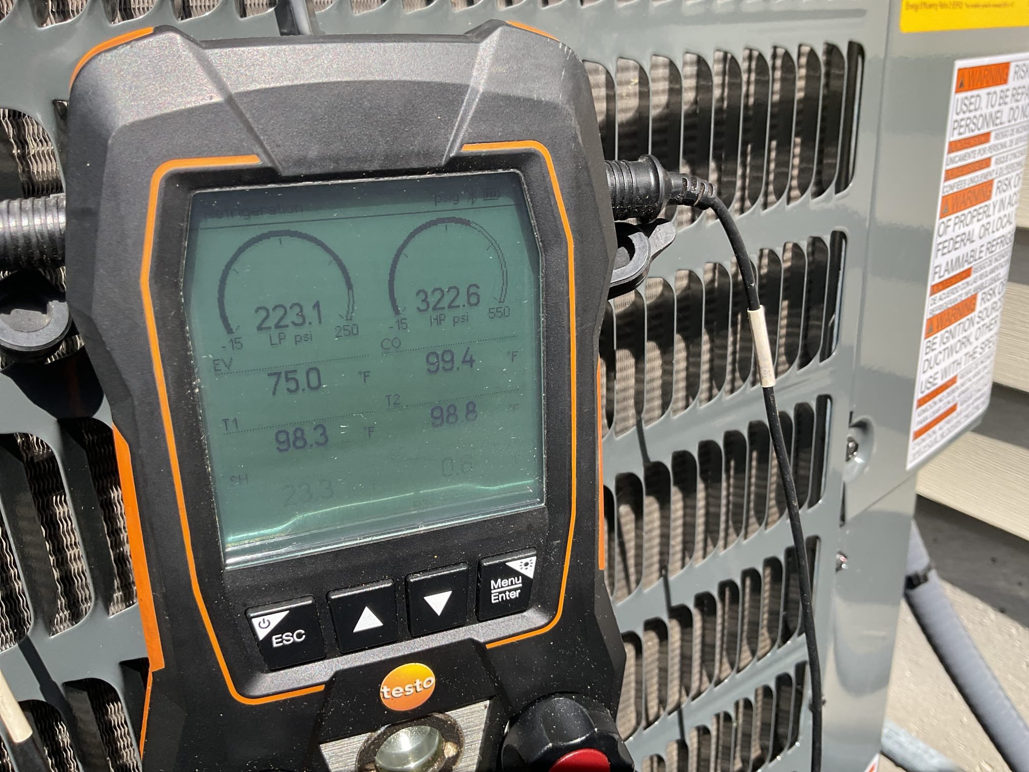7/2/26. Fully assessed no cooling situation on recently installed Goodman r-32 system for 2nd floor. Found when I was there was able to check temperature split in attic it was 20 degrees. Went out to check r-32 refrigerant pressures were 322/223. May need to adjust txv valve as the next step. Problem was while I was onsite power kept dropping out and back up generator would kick on could not get adequate readings. May need to return on a cooler day to re check readings. For now explained to baby sitter to keep the doors closed to the room due to high ceilings. 