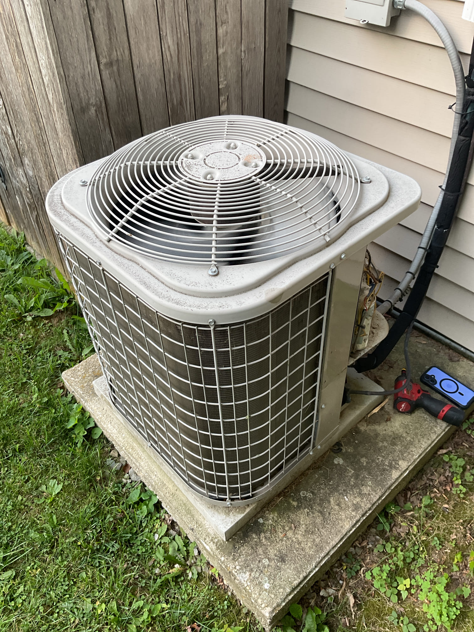 7/2/26. Fully assessed no cooling situation on 2014 Payne a/c. Found system low on charge which means the system is Leaking refrigerant. This is a high velocity system 410a refrigerant pressures are 388/87. Condenser coil is also dirty homeowner is going to wash off himself. Explained to him there is basically 2 options replace the system, or add refrigerant to get it working but we don’t know how long the charge will last. Homeowner decided to go with adding refrigerant for now added 2lbs of 410a. Refrigerant pressures are 401/128 with 7.3 subcooling. A/c is working at time of service. 