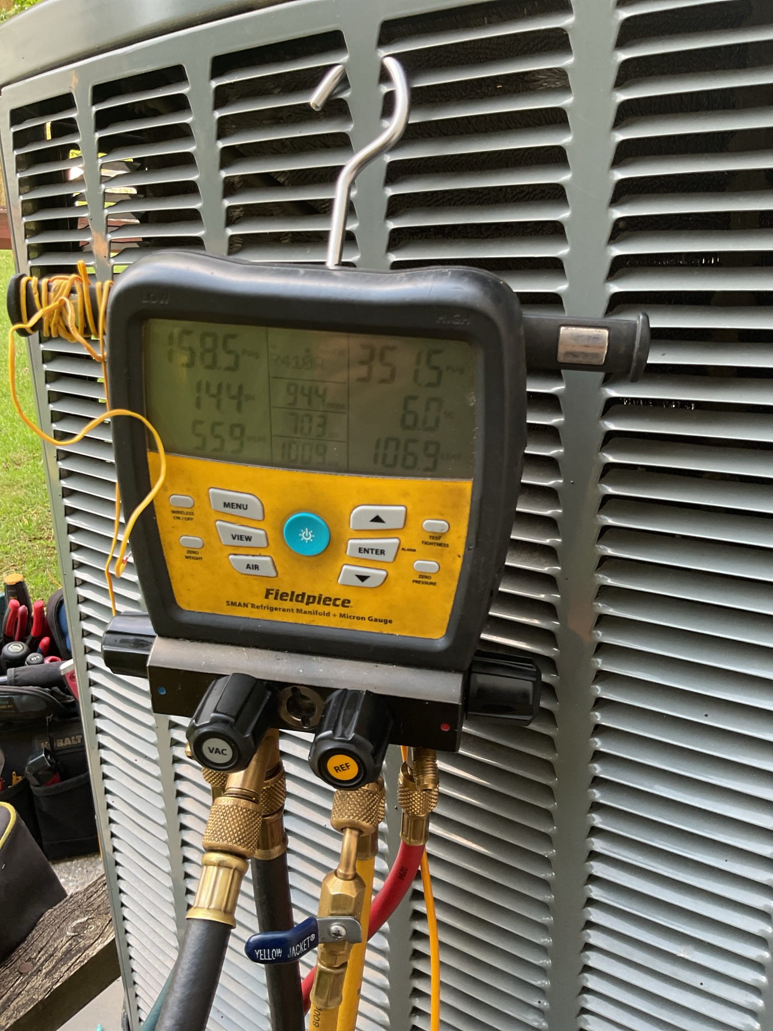 No cooling.
Bill explained that outdoor unit has not been running.
Found failed dual run capacitor and burnt high voltage wire from T2 on cap tractor to COM on capacitor
 
Offered to replace failed capacitor and wire Replaced capacitor and wire with new connectors

Tested system. 6° Subcooling. 18.5° Temperature split.

System operating well at this time. The AC is 13 years old. Gas funace is from 2024 (installed by Dibiase). AC is beyond what is considered replacement age. Should plan on replacing soon, 