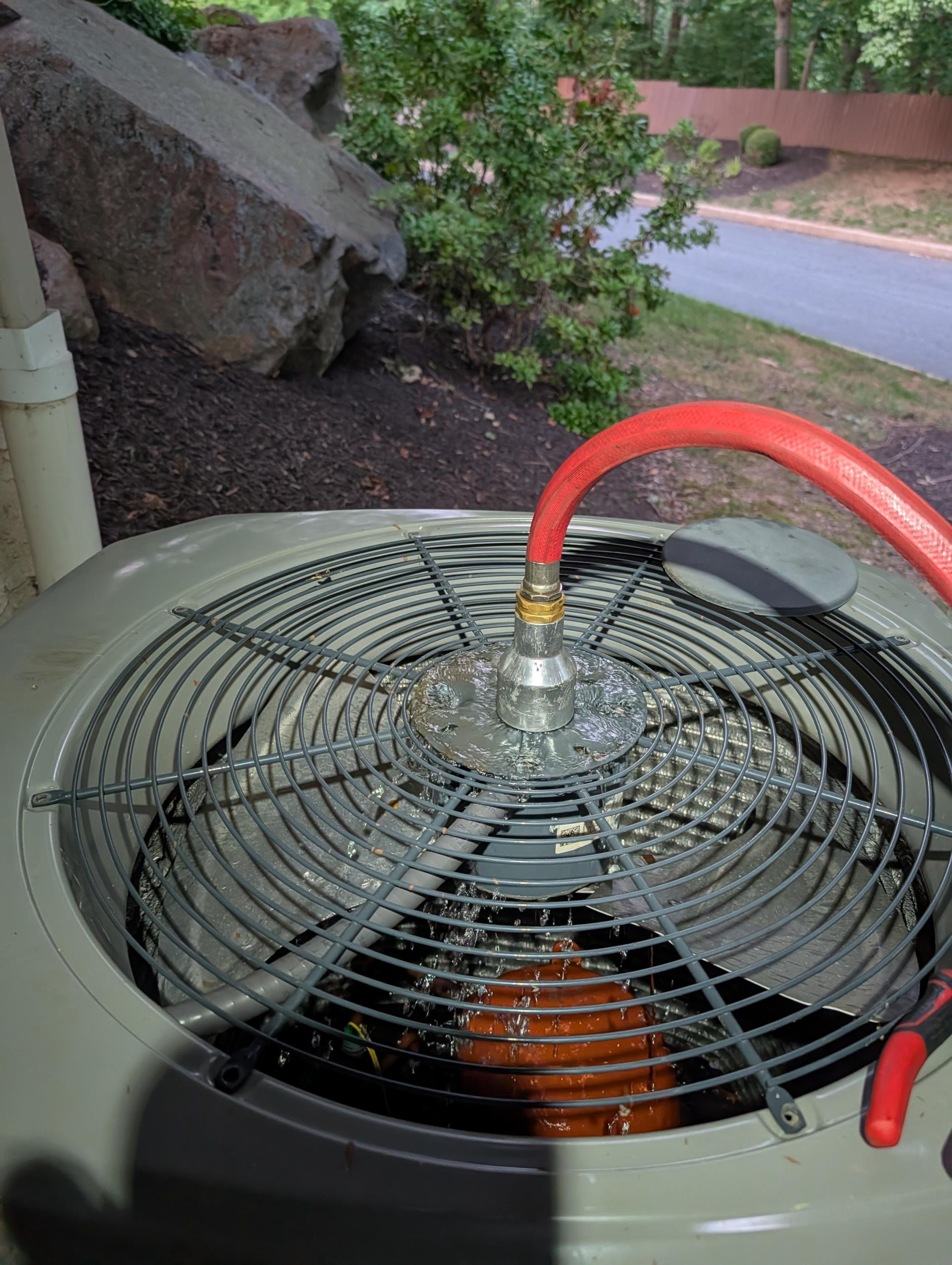 Equipment is 2.5 Ton American Standard heat pump.
No cooling
Aprilaire 213 filter ok
Cooled both overheated motors at outdoor unit using hose. 
Found failed dual run capacitor, then found refrigerant diagnostics that indicated a slight undercharge.
Needed 9oz of R410a refrigerant. Made an exception and invoiced for 1/2 pound of refrigerant. *Normally we have to charge for minimum of 1 pound. 

Temperature split improved from 16.6° to 20° after charging and suction line began to sweat/condense, *superheat dropped from 26 to 15

System operating well at this time. 12 years old which is considered beyond replacement age for heat pump system. Would strongly consider replacing the HVAC system. 

Homeowner agreed to plan membership, diagnostic fee, replace failed capacitor and charge system 1/2 pound r410A refrigerant. 

