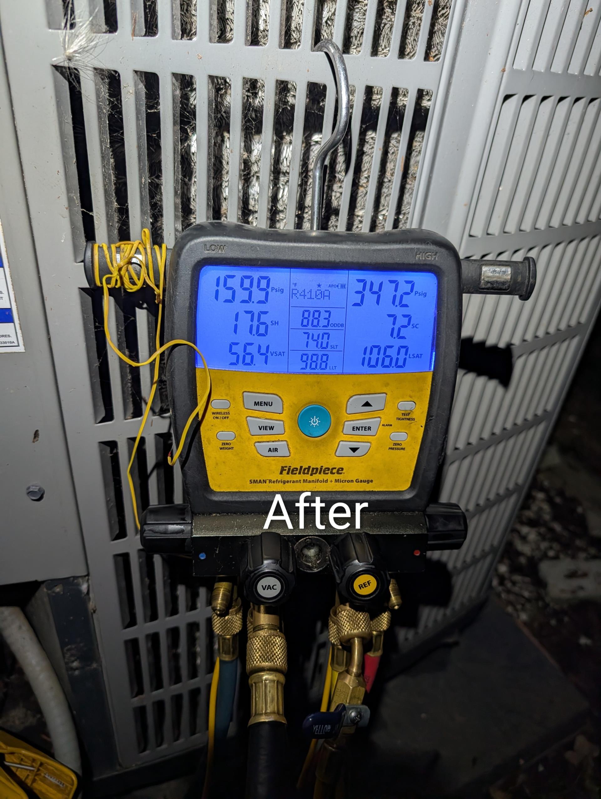 Equipment is 2.5 Ton American Standard heat pump.
No cooling
Aprilaire 213 filter ok
Cooled both overheated motors at outdoor unit using hose. 
Found failed dual run capacitor, then found refrigerant diagnostics that indicated a slight undercharge.
Needed 9oz of R410a refrigerant. Made an exception and invoiced for 1/2 pound of refrigerant. *Normally we have to charge for minimum of 1 pound. 

Temperature split improved from 16.6° to 20° after charging and suction line began to sweat/condense, *superheat dropped from 26 to 15

System operating well at this time. 12 years old which is considered beyond replacement age for heat pump system. Would strongly consider replacing the HVAC system. 

Homeowner agreed to plan membership, diagnostic fee, replace failed capacitor and charge system 1/2 pound r410A refrigerant. 

