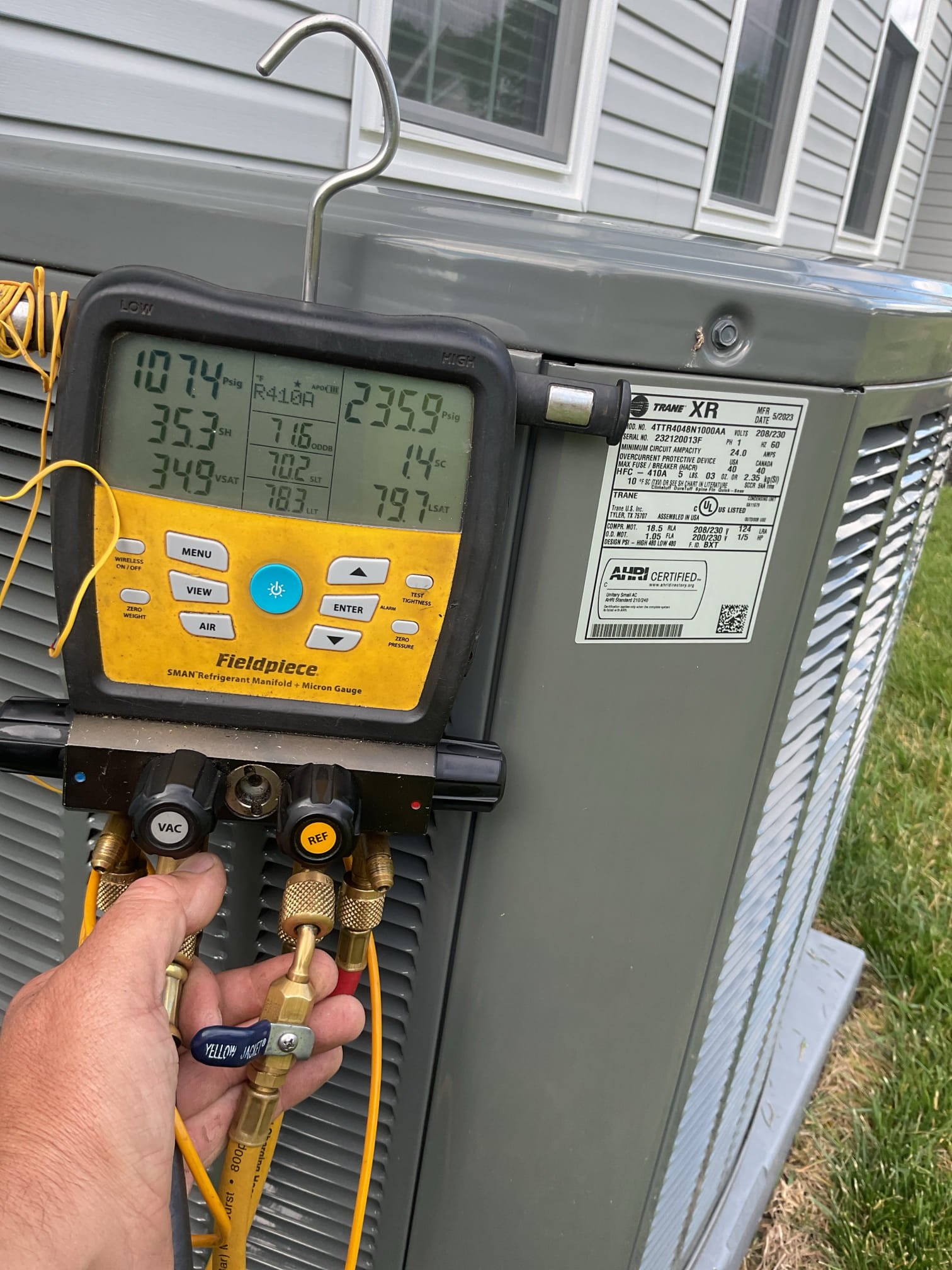 Completed AC tune up for 4 Ton Trane AC system
System was installed 6/7;23 by another contractor 

20x25x1 filter
Indoor and outdoor coils in good condition 
Inspected wiring, controls, electric motors and components; left estimates for surge protectors 
Measured temperature split (15°) target is 18-20°and static pressure (1.2”)
Inspected drains; cleared EZ trap, tested pump; pump is outside drain pan. Provided email estimate for WiFi water sensor that will shut equipment down if water is detected on floors around equipment
 
Checked integrity of compressor motor (mega ohm test)

Assessed refrigerant charge checked pressures. System is under charged.
Running at 34° SH 1.2° Subcooling. Target subcooling is 10°. Suction line is warm to the touch and not condensing at all. 
*Indoor Fan speed tap is tap 7 which will allow for 1600 CFM at measured static pressure

It is undercharged either because when it was first installed the refrigerant that is necessary was never added and/or because t