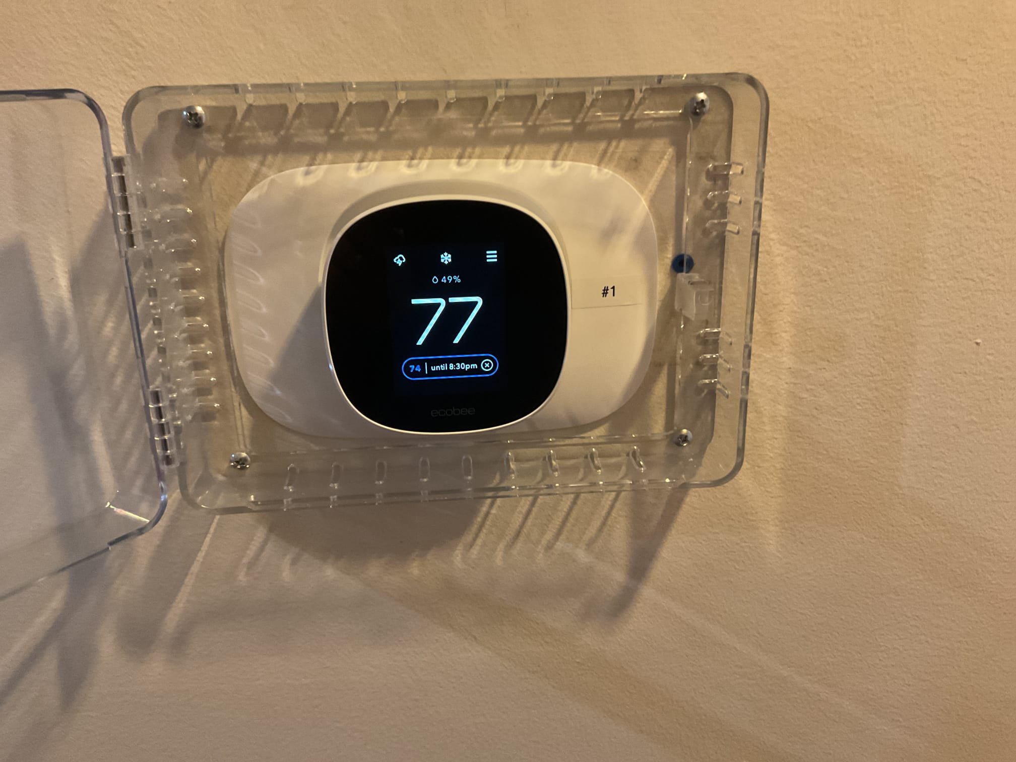 7/9/26. Found ecobee lite thermostat was blank. Removed thermostat from wall plate and found 27v between c&r. Put wiring back together and pushed thermostat back on the wall and the thermostat lite up and the system came on, possibly thermostat was just no seated right. Went up into attic space and checked temperature split, temperature split was 22 degrees. System is working properly at time of service, no charge due to recent installation. Kim has mentioned this happened once before, she will let us know how it goes. 