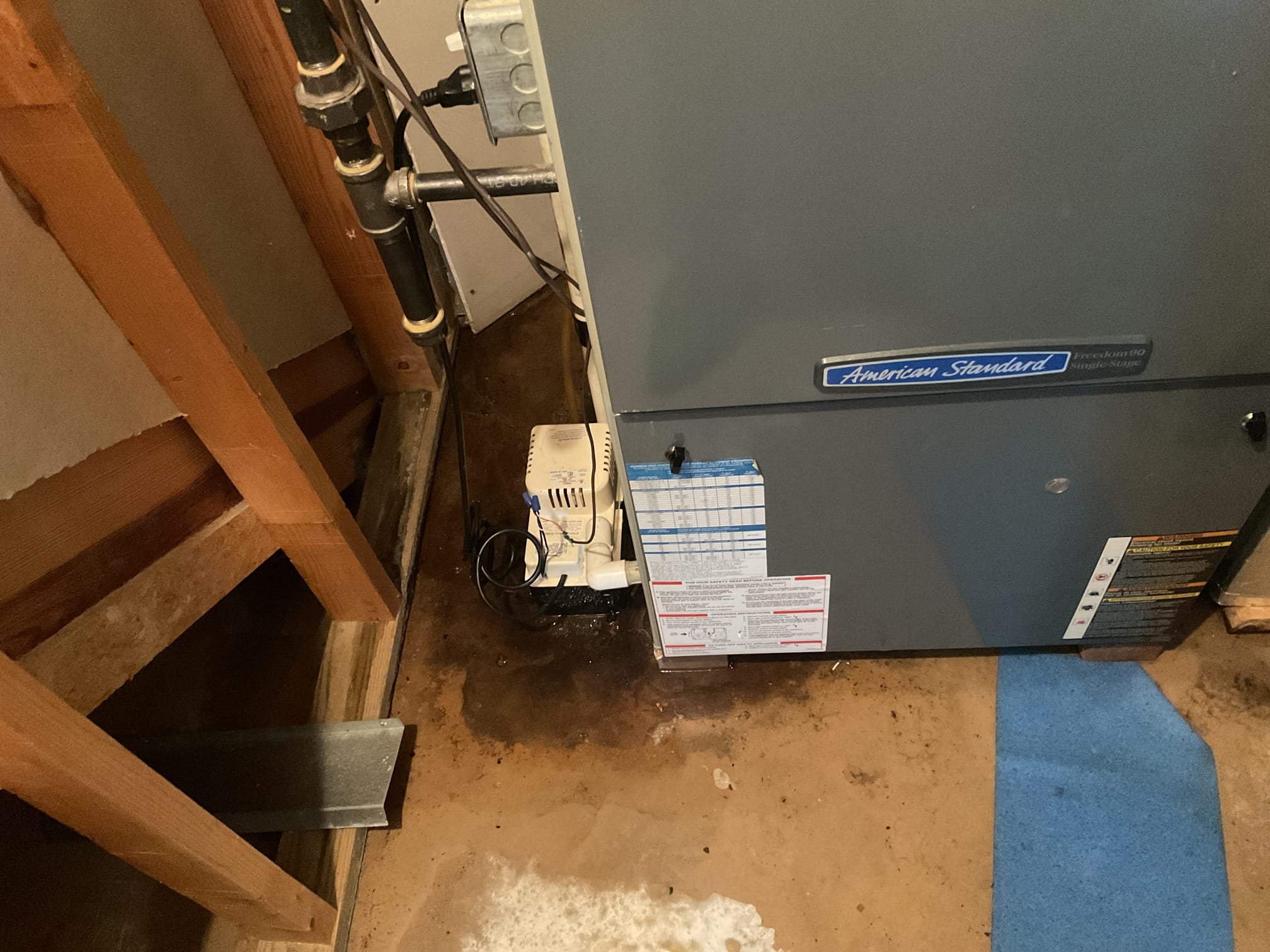 7/10/26. Performed precision a/c tune up on 2012 Day & night a/c. 16x25x1 air filter is clean. Checked all electrical connections and components. Found water all over the floor when I arrived found several things wrong with the system. Found hole in condensation pump leaking on the floor. Used electronic leak detector and found refrigerant leak in evaporator coil. Found weak 60/5 capacitor tested at 55/5. Check temperature split. Provided estimate for repair but highly recommended replacement of gas furnace a/c, to may issues with the system. Refrigerant pressures were also low. Set up appointment with our office to give a replacement estimate. 