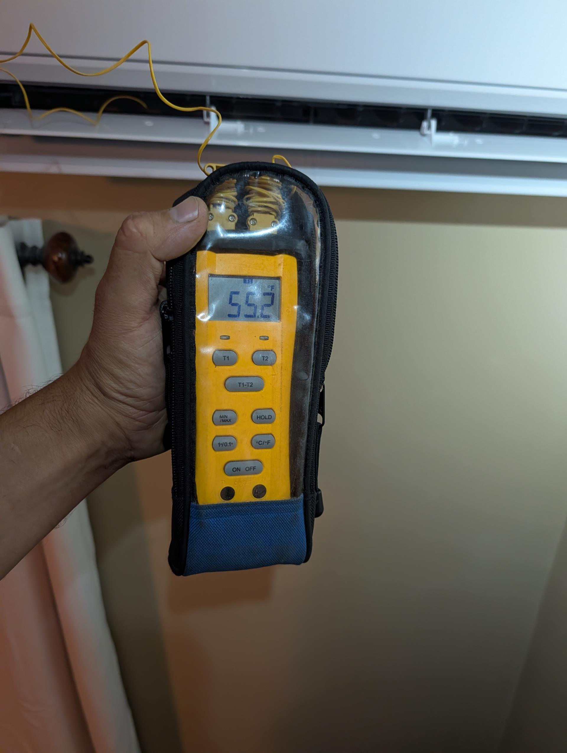 Completed QA for 2 Ton Minisplit system with (2) indoor heads. (Guest bedroom and kids bedroom)

Inspected all aspects of install
Checked wiring connections.
Power monitor settings: Over voltage 264, under voltage 216, over/under voltage delay .5 seconds, Restore 120 seconds.
Measured temperature split at each indoor head. 
Verified refrigerant charge using wireless probe and temperature clamp.
Poured water directly into drain pans and verified flow of drain water. 

Homeowner gave me a check for the balance. $450. 