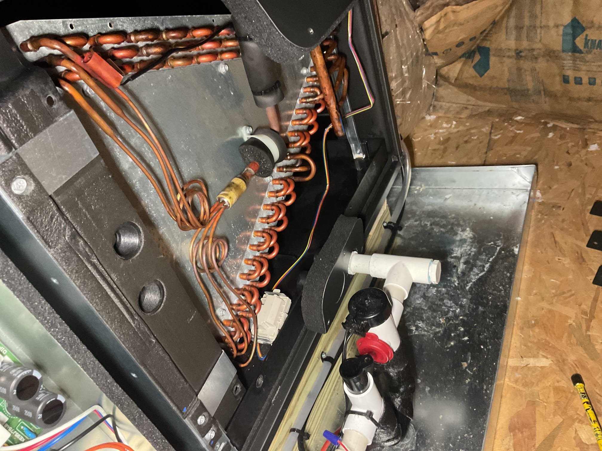 7/10/26. Took apart air handler and removed faulty leak sensor. Installed new leak sensor. Put air handler back together and checked temperature splits. Temperature split a ducted air handler was 18 degrees. R454 b pressures were 412/104. System is working properly at time of service. 