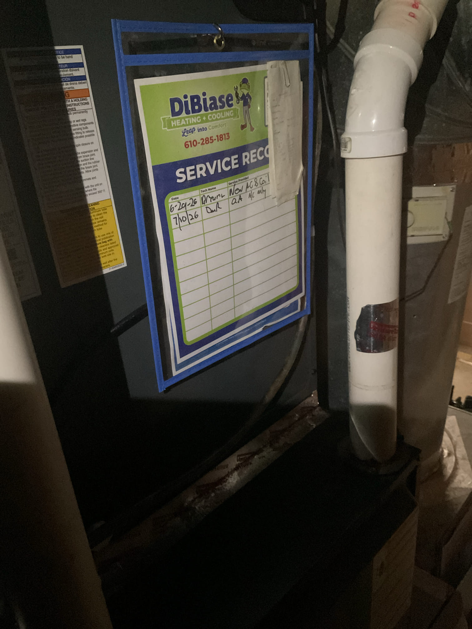 7/10/26 Dan 


I looked at the overall install of the new indoor coil and the outdoor a/c. I inspected the ez trap and the drain line.  I checked the system level and the level of the disconnect. Made sure all penetrations were sealed. I checked  the electrical connections and checked the breaker size. I checked for caps, and inspected the refrigerant pressures. Everything is in good working order. 
