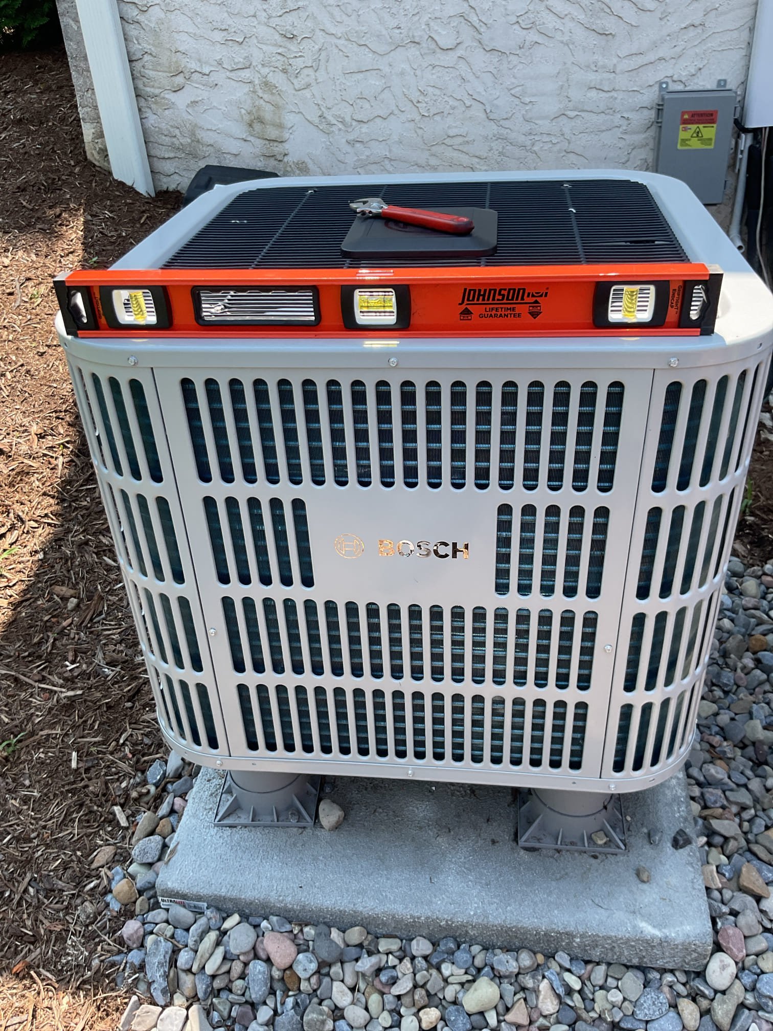 Completed QA for 3 Ton Bosch inverter heat pump install.

Filter size is 18x20x1; clean 
Went over all aspects of install: mechanical, wiring, controls, configuration, refrigeration charge.
Accelerated cooling is enabled and adaptive capacity is disabled using outdoor control.
I addressed water safety issues (wiring and filed wet switch) on a service call 6/12/26
Wrapped trap in foam insulation tape. 

8° SC when it ramps up to 70+ Hz
Temperature split 20°

Install passes QA inspection 
