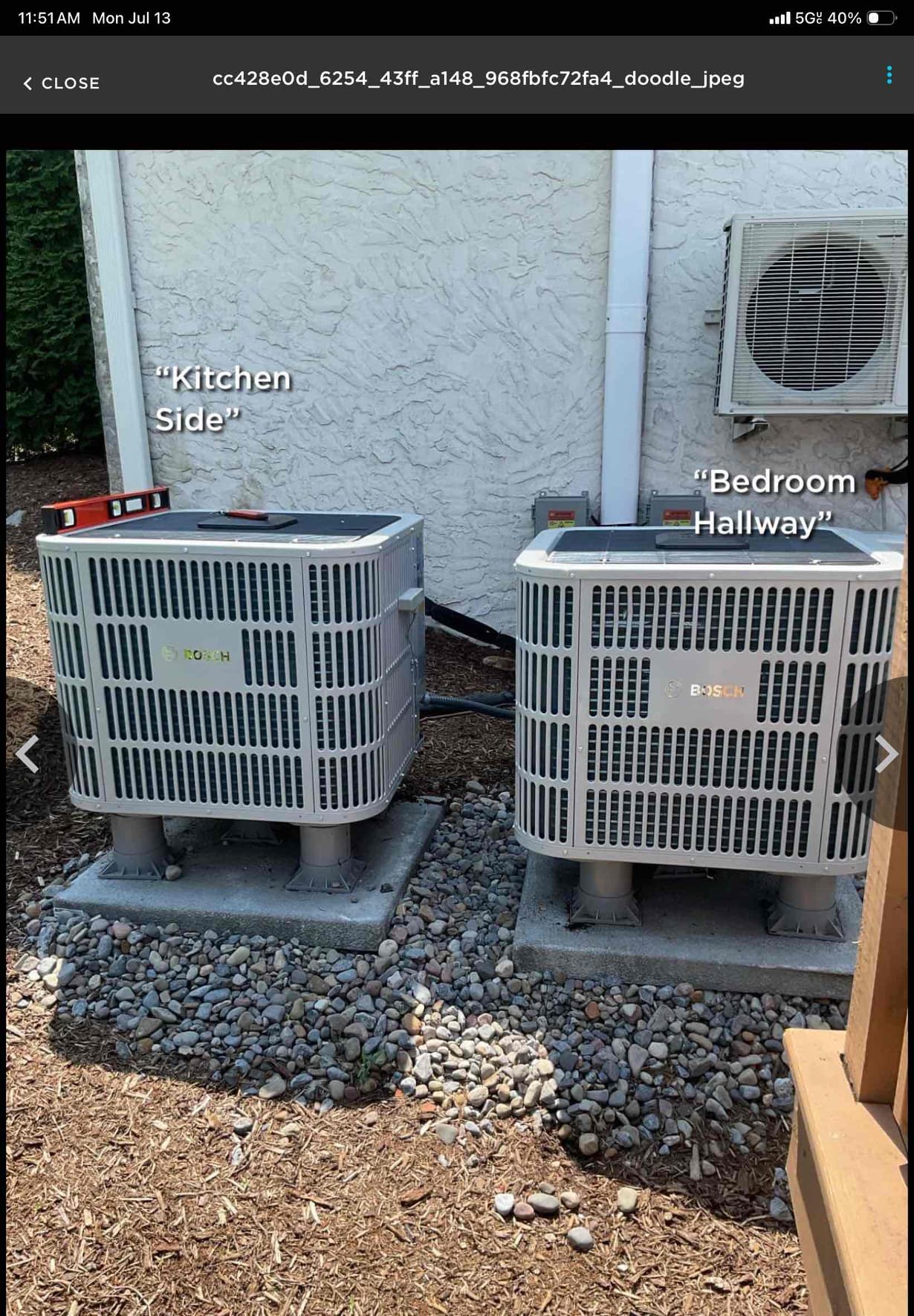 Completed QA for 3 Ton Bosch inverter heat pump install.

Filter size is 18x20x1; clean 
Went over all aspects of install: mechanical, wiring, controls, configuration, refrigeration charge.
Accelerated cooling is enabled and adaptive capacity is disabled using outdoor control.
I addressed water safety issues (wiring and filed wet switch) on a service call 6/12/26
Wrapped trap in foam insulation tape. 

8° SC when it ramps up to 70+ Hz
Temperature split 20°

Install passes QA inspection 
