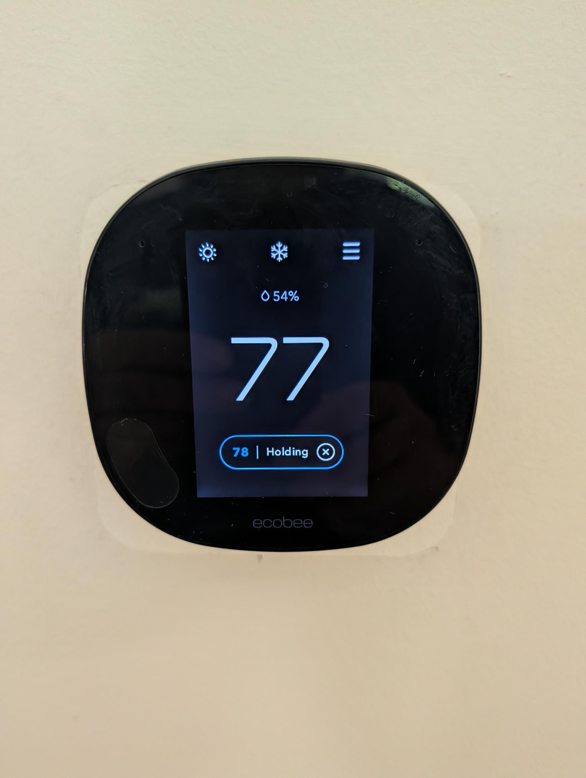 Customers cooling setpoint is 78° during day and he drops it to 76° overnight.
Humidity stays at 60% as read by Ecobee thermostat.
Noticed thermostat was displaying humidity of 64% but my psychrometer was reading 54%
I took thermostat off and put back on. It went through an 8 min calibration and thermostat reading close to my psychrometer now. 

I started by setting “AC Overcool Max” on Ecobee to 2°
Then selected “Dehumidify using AC” and set target to 54%. Effectively this will run the AC and overcool 2° beyond the setpoint in the interest of getting humidity down to 54%. We are telling the equipment “continue to run the AC to dehumidify”

Also enabled accelerated cooling/heating at outdoor control and diaboled adaptive capacity. This will result in the indoor coil temperature dropping quicker thereby increasing dehumidification.

Fan Speeds:
1134 CFM in 1st Stage
1288 CFM in 2nd Stage. Good

Temperature split 20.5° Good 

The humidity could be related to a building performance issue.