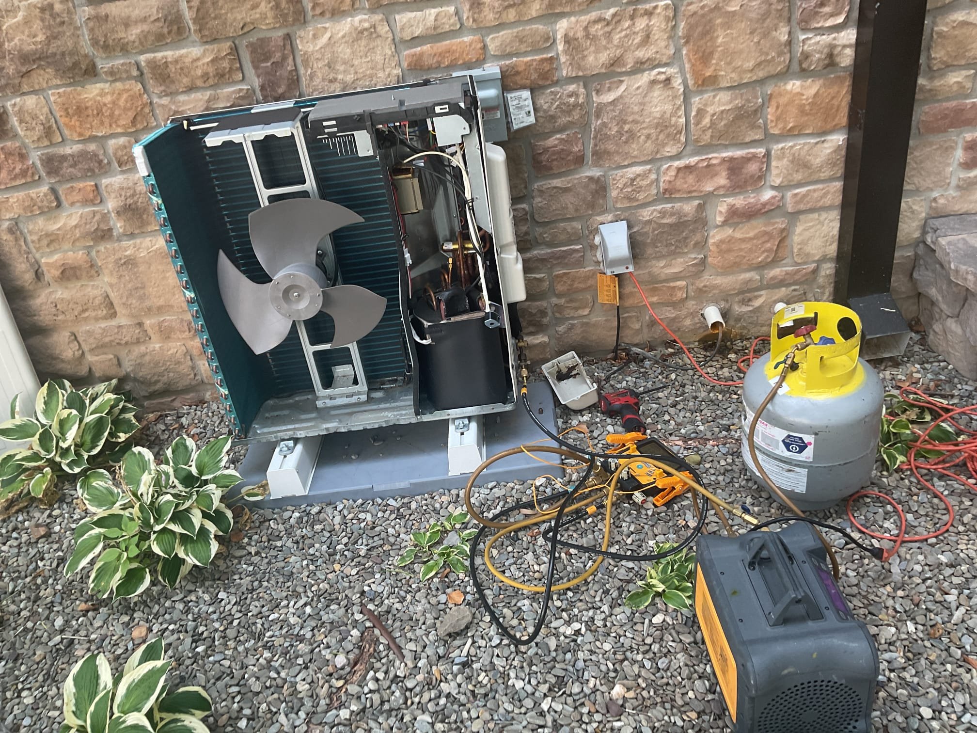 7/14/26. Recovered all refrigerant from mini split heat pump system. Un brazed old reversing valve while purging with nitrogen. Brazen in new reversing valve and pressure tested with 250 psi nitrogen and soap checked. Re installed Exsisting reversing valve coil. Vacuumed down system to 500 microns. Added in factory charge of 3 lbs 9ozs of 410a. Suction pressure stayed between 110-115 psi. Had a 20 degrees split at cassette head. A/c is working properly at time of service. 