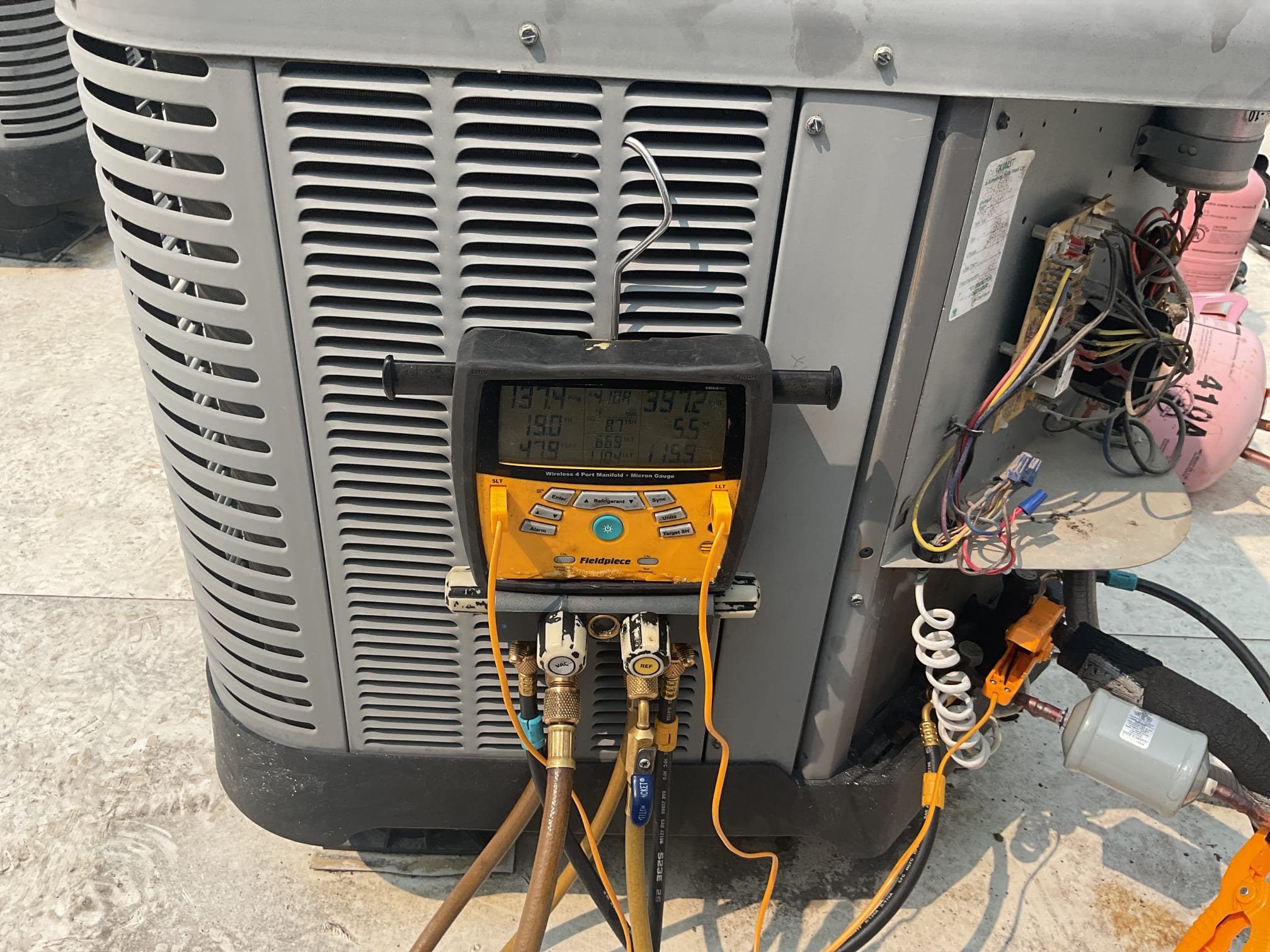 7/16/26. Pulled refrigarant back into outdoor unit. Replaced filter dryer and Exsisting txv. Pressure tested at 400 psi and soap checked. Vacuumed down system to 312 microns. Added refrigerant back into the system and tested operation. R410a refrigerant pressures were 396/137 with 5 subcooling and 19 superheat. Temperature split was 17 degrees. A/c is working properly at time of service. 