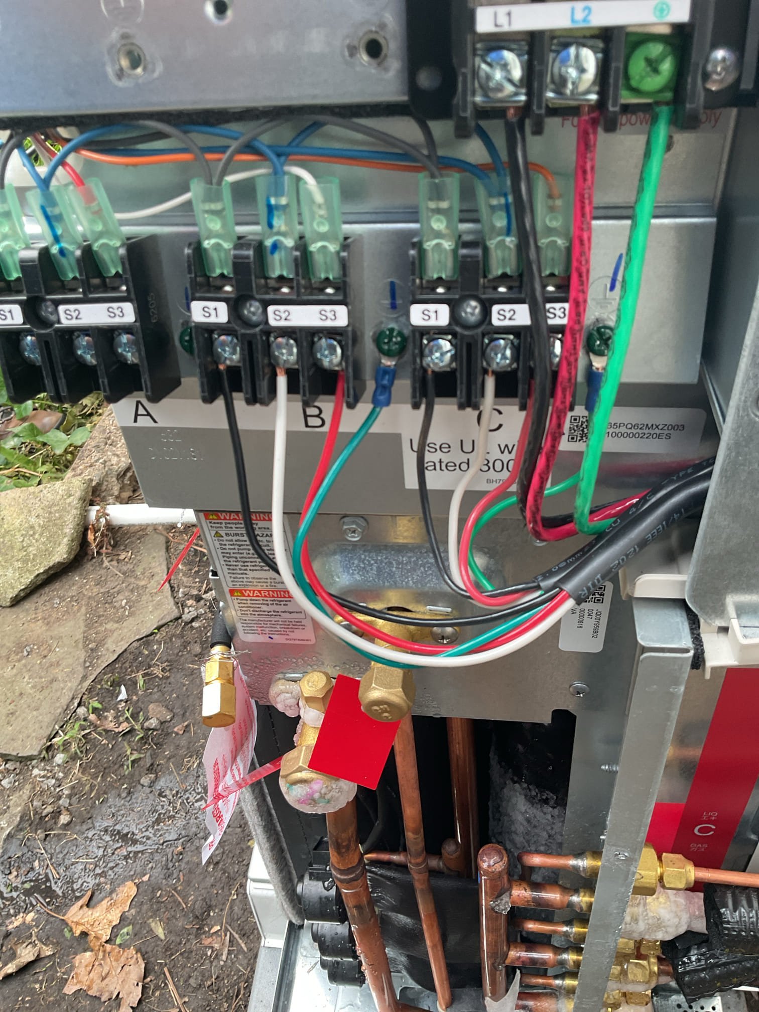 7/17/26. Fully assessed no cooling situation on recently installed Mitsubishi (2) head mini split system. Found ice outside and outside unit. Gave upstairs unit a call for cooling and found it not cooling. Found that the refrigerant was flowing to the downstairs head. Switched all wiring between B&C wiring. Also adjusted voltage settings in power monitoring disconnect. Tested each head individually and checked temperature splits, they were both around 19 degrees. Checked 454b pressures for both heads. Found eev head was hanging up , tapped on head with crescent wrench and suction pressure went from 60 to 98 pipe un thawad in front of me. Water test ed both systems.Mini split heat pump is working properly at time of service. 