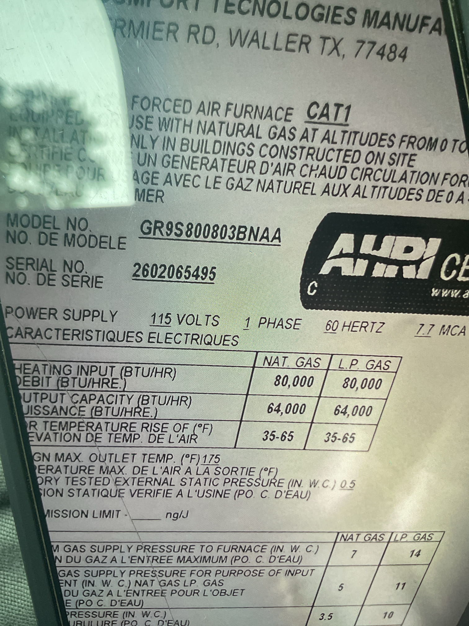 Tested ac and dialed in charge , adjusted superheat on txv .  Tested heat printed combustion results .   Heat supply 115.  Cooling 60 supply and 75 return .  Check thermostat settings and all wiring tested safety devices system is running to manufacture specifications at this time.

Also grabbed the water sample from customer for testing purposes