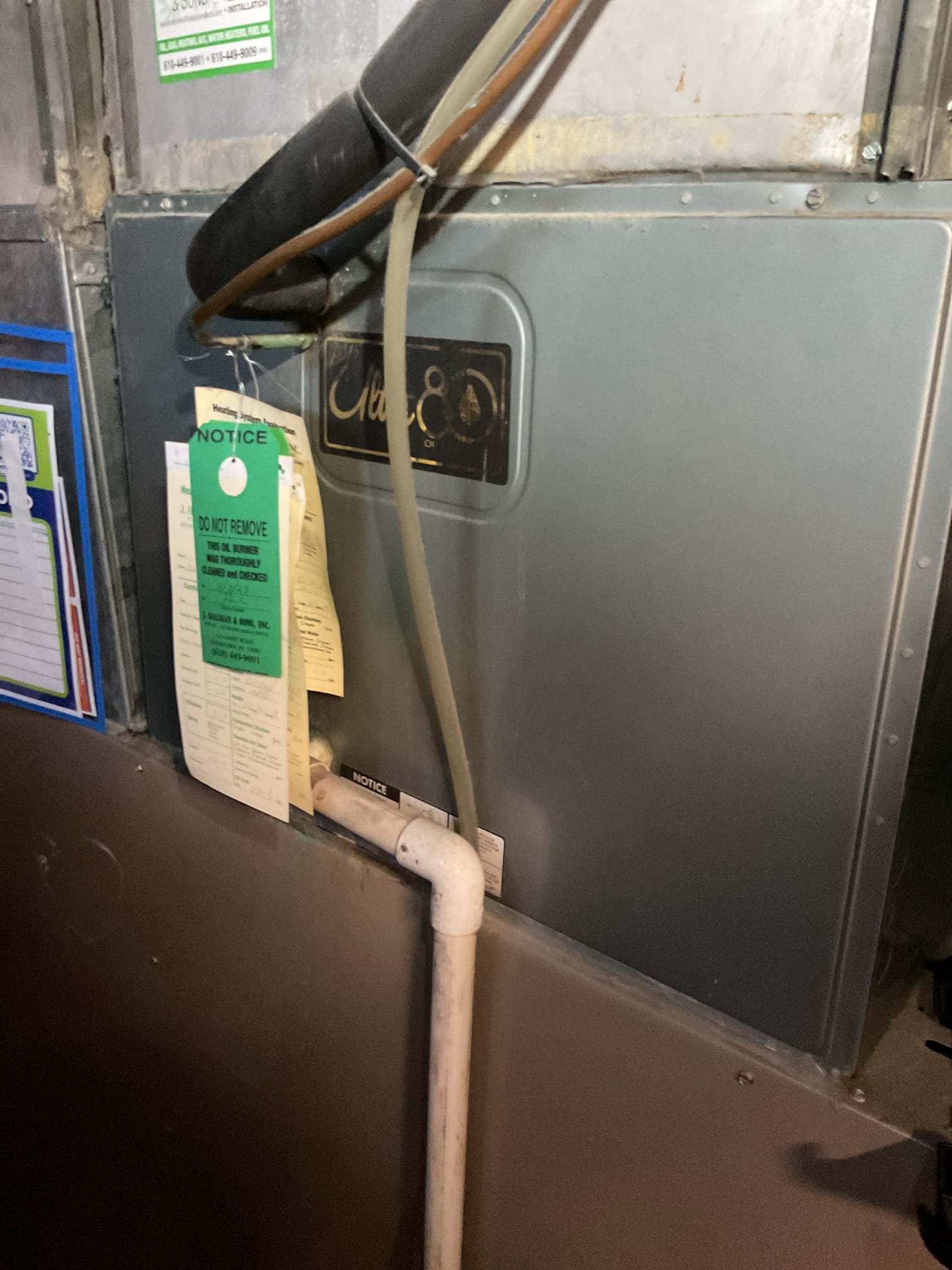 Completed tune up for 3 Ton R22 system.
Equipment is low-boy oil furnace with 3 Ton AC. Dates to 2002 24 years old.  *Very tight space

Replaced 20x20x1 filter with a 18x21x1 that I cut from a 24x24x1. The 20x20x1 is too short on one side and too long on the other,
Inspected indoor coil as best as possible, cleaned back sid of outdoor coil with available hose.
Inspected wiring and controls. There are no surge protectors. Provided email estimate. 
Inspected drains. There are no water safeties. Left estimate for ez trap and and estimate for wet switch, Cleaned condensate pump.

Checked refrigerant charge and pressures. 213/52 R22 system is low on R22. There are no sensible refrigeration repairs to offer for R22 equipment. System is 24 years old well beyond replacement age. Strongly recommend upgrading system. 

*PECO has offered to run them gas to the house for a price. They want to do this before considering upgrading or replacing the HVAC system. 

AC system is operable but will underp