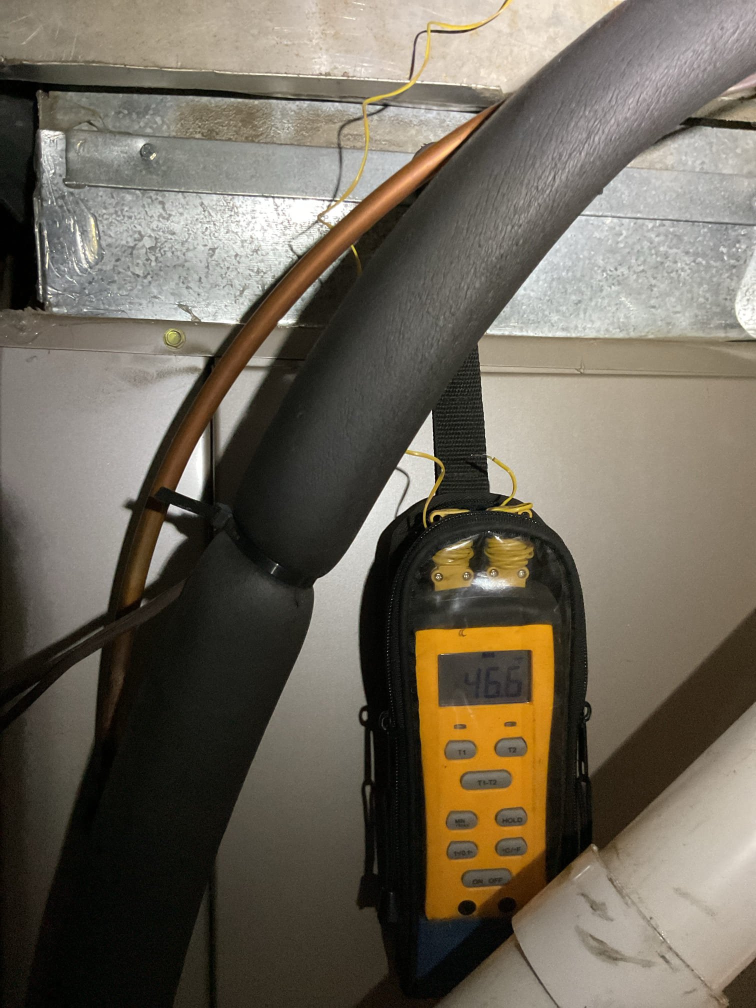 Completed AC tune up for 3 Ton Bryant/Carrier AC system
Equipment is natural gas furnace+AC. Furnace was installed by us in 2022. AC days to 2011; 15 years old. 

Aprilaire 413 filter ok. I informed homeowners to order more me check it in 2 months. 
Indoor coil has rust as to be expected given age outdoor coil in good condition 
Inspected wiring, controls, electric motors and components; left estimates for surge protectors 
Measured temperature split and static pressure 
Inspected drains; tested pump; added treatment tabs to drain pan. There is o clean out or overfill protection switch on drain line. Provided estimate for each of these. There is no floor safety either; provided email estimate for wet switch as well. 
Checked integrity of compressor motor (mega ohm test): Pass

Assessed refrigerant charge checked pressures. As previously noted at AC tune up there is a decent mount of fluctuation in head pressure which is an indication of noncondensibles in refrigerant system and/or prob