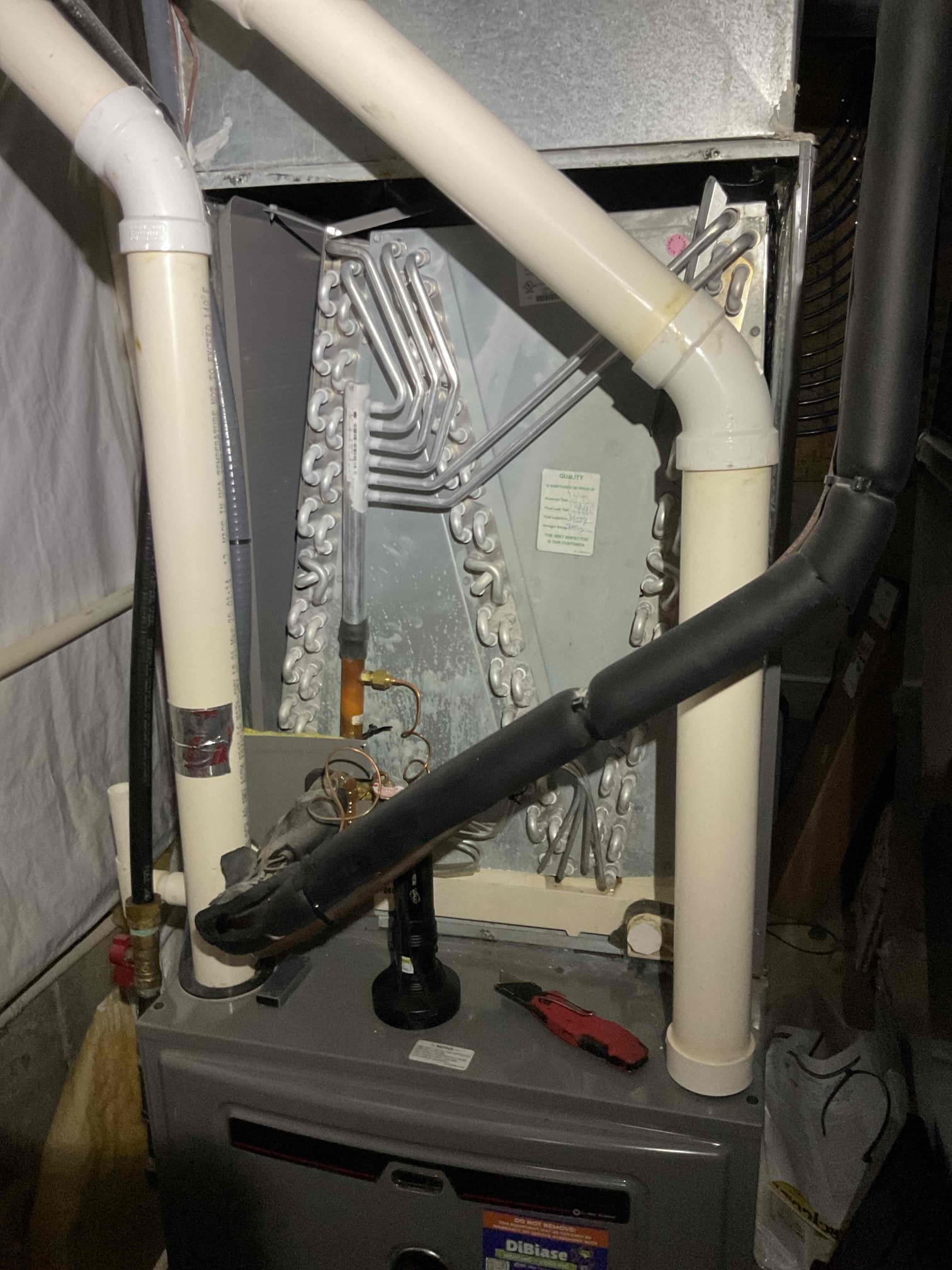 Return visit for leak search.
UV dye was added to the system in October.
I look for dye using UV light and could not pinpoint leak at indoor coil, outdoor coil or my accessible brazed joint at this time. 

*Lineset runs above drywall ceiling and soffit in basement. 60+ feet. 
Found system running g at 103 psi with 35+ Superheat and almost 0 Subcooling. 

Discussed charging the first floor system needed refrigerant and becoming plan member for both systems. Homeowner agreed,

System needed 53° OZ r410A. *Factory charge is 105oz. Lineset is 60 feet or so so total charge is 8.25 pounds. So system had lost approximately 40% of its charge. 


1st Fl system refrigerant data before charging: 251/103 39SH 0.5 SC
1st Fl system refrigerant data after charging: 288/132 10.5SH 6° SC

*Outdoor temperature 73° (light rain and thunderstorms) 

*She wants to wait to do AC tune ups in next calendar year that way we can check refrigerant dye at that time.

First floor system operating ok now that it is 