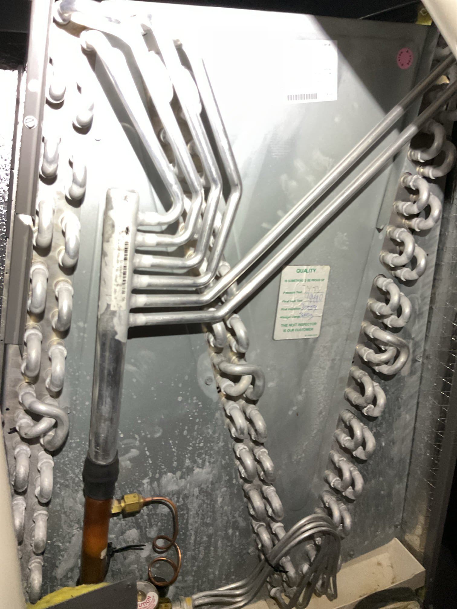 Return visit for leak search.
UV dye was added to the system in October.
I look for dye using UV light and could not pinpoint leak at indoor coil, outdoor coil or my accessible brazed joint at this time. 

*Lineset runs above drywall ceiling and soffit in basement. 60+ feet. 
Found system running g at 103 psi with 35+ Superheat and almost 0 Subcooling. 

Discussed charging the first floor system needed refrigerant and becoming plan member for both systems. Homeowner agreed,

System needed 53° OZ r410A. *Factory charge is 105oz. Lineset is 60 feet or so so total charge is 8.25 pounds. So system had lost approximately 40% of its charge. 


1st Fl system refrigerant data before charging: 251/103 39SH 0.5 SC
1st Fl system refrigerant data after charging: 288/132 10.5SH 6° SC

*Outdoor temperature 73° (light rain and thunderstorms) 

*She wants to wait to do AC tune ups in next calendar year that way we can check refrigerant dye at that time.

First floor system operating ok now that it is 