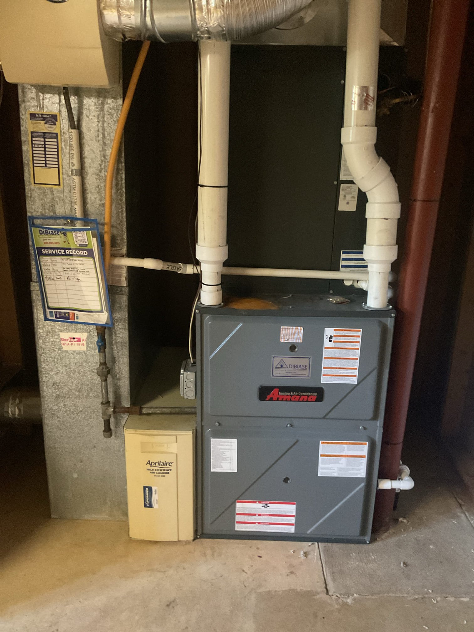 7/29/26 Dan 

I arrived to the customers home to service their 9 yr old Amana a/c system . I checked the wiring connections and the voltages . I checked and found the indoor air filter needs to be changed the filter size is a 413 . ( customer will order filters and replace. ) I Inspected the indoor coil and tested the primary drain pan and cleared and tested the water drains and traps if applicable. I Took indoor temp splits at the return and the supply  and checked the blower motor condition and operation. I looked  at the outdoor unit wiring connections and voltages . I inspected  the outdoor components and checked my unit pressures by using super heat sub cool method.  System in good operating condition at this time. I collected for a new service contract membership, $189.00 paid by cc. 
