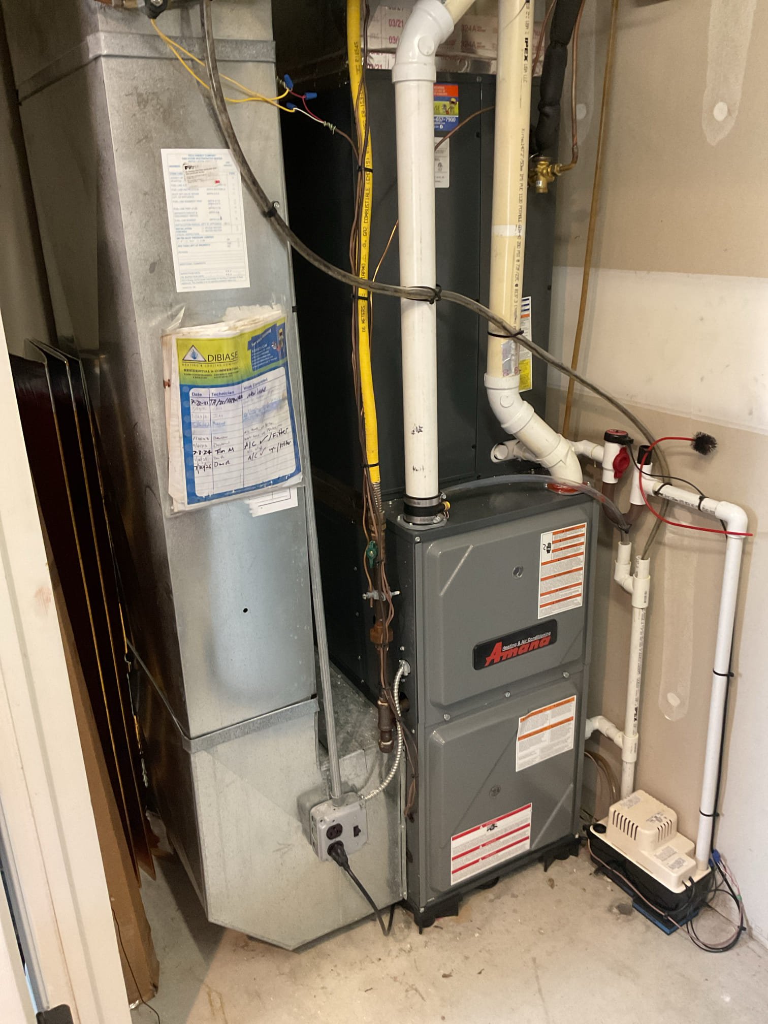 7/30/26 Dan 

I arrived to the customers home to service their 4 yr old Amana a/c system . I checked the wiring connections and the voltages . I checked and replaced the indoor air filter , the filter size is 16x25x1. I Inspected the indoor coil and tested the primary drain pan and cleared and tested the water drains and traps if applicable. I Took indoor temp splits at the return and the supply  and checked the blower motor condition and operation. I looked  at the outdoor unit wiring connections and voltages . I inspected  the outdoor components and checked my unit pressures by using super heat sub cool method.  System in good operating condition at this time. 
I did leave an estimate for a service member contract . I collected for $89.00 paid by cc. 