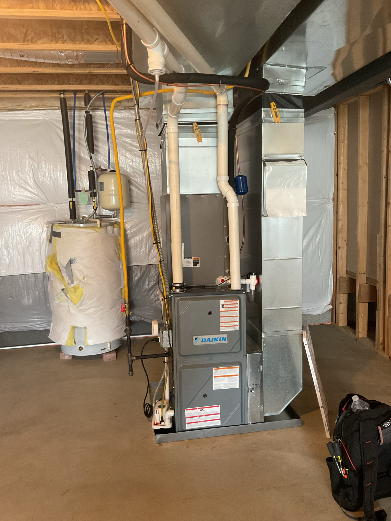 Luis and Issac 7-30-26
Performed ac tune on 2.5 ton Lennox ac unit from 2021. Heater is from 2023. Check system operation check electrical system, drain system and refrigerant cycle. Found condensation pump, and drain trap not wiring to system, I offed to wired safeties to unit customer approve estimate. Wired pump, trap and water sensor to thermostat. Flush drain check supply and return air temps ok. Indoor unit does not have surge protection and bacteria protection, check outdoor unit refrigerant levels and pressures capacitor and contactor ok. Water heater is electric from 2012. I provided estimate for replacement. 