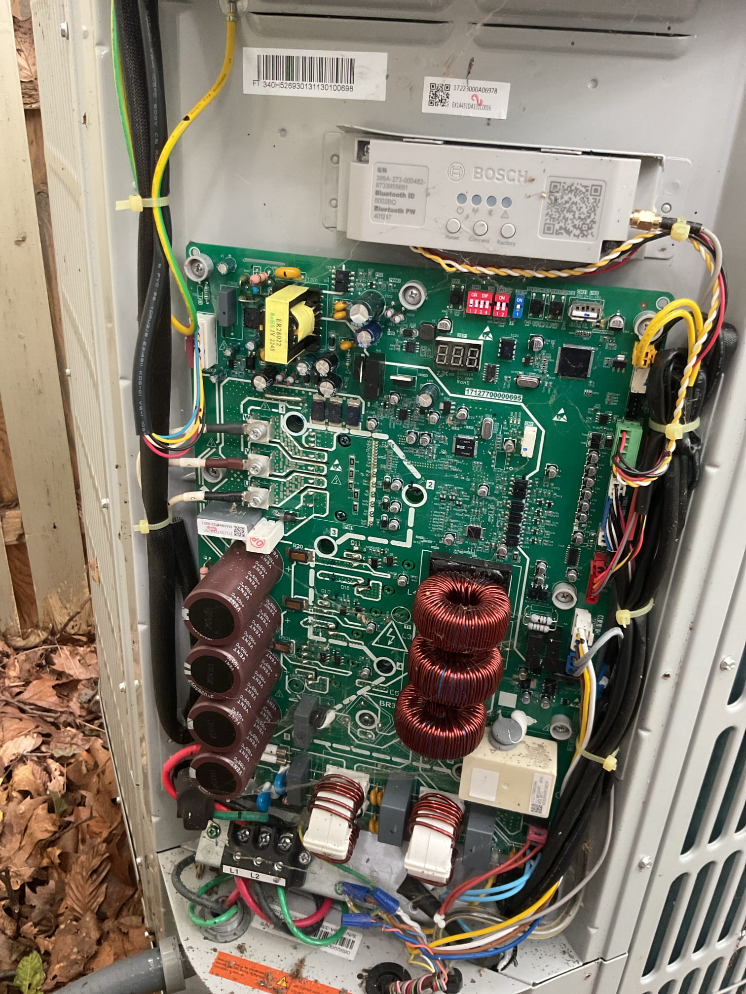 When I arrived homeowner mentioned that unit has not been cooling since Sunday.
Indoor control ok.
Found no LEDs at outdoor control but 240V present to control. *Surge protector Good. Green LED lit.
Called Roy from Bosch. He advised me to order th control board assembly with sheet metal backing, heat sink and new screws to avoid any possibility of overheating of new control board.

Presented homeowner price for plan membership and warranty replacement of outdoor control. 

Contacted supply house and ordered control board assembly. It is 3 days out. Completed parts acquisition form. 
We will be in contact and schedule return to install replacement control board assembly and complete AC tune up under plan membership. 
Homeowner paid in full. 