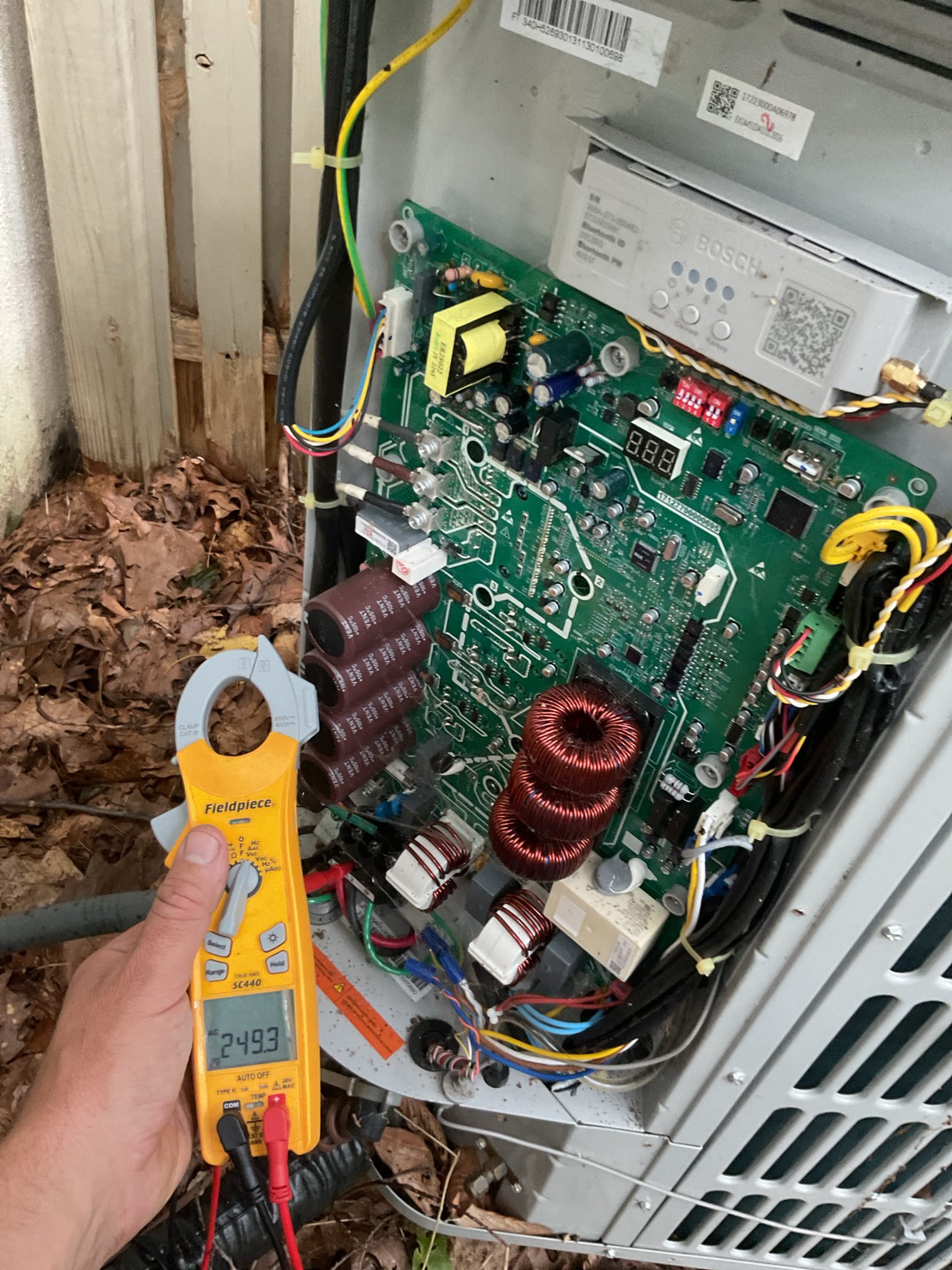 When I arrived homeowner mentioned that unit has not been cooling since Sunday.
Indoor control ok.
Found no LEDs at outdoor control but 240V present to control. *Surge protector Good. Green LED lit.
Called Roy from Bosch. He advised me to order th control board assembly with sheet metal backing, heat sink and new screws to avoid any possibility of overheating of new control board.

Presented homeowner price for plan membership and warranty replacement of outdoor control. 

Contacted supply house and ordered control board assembly. It is 3 days out. Completed parts acquisition form. 
We will be in contact and schedule return to install replacement control board assembly and complete AC tune up under plan membership. 
Homeowner paid in full. 