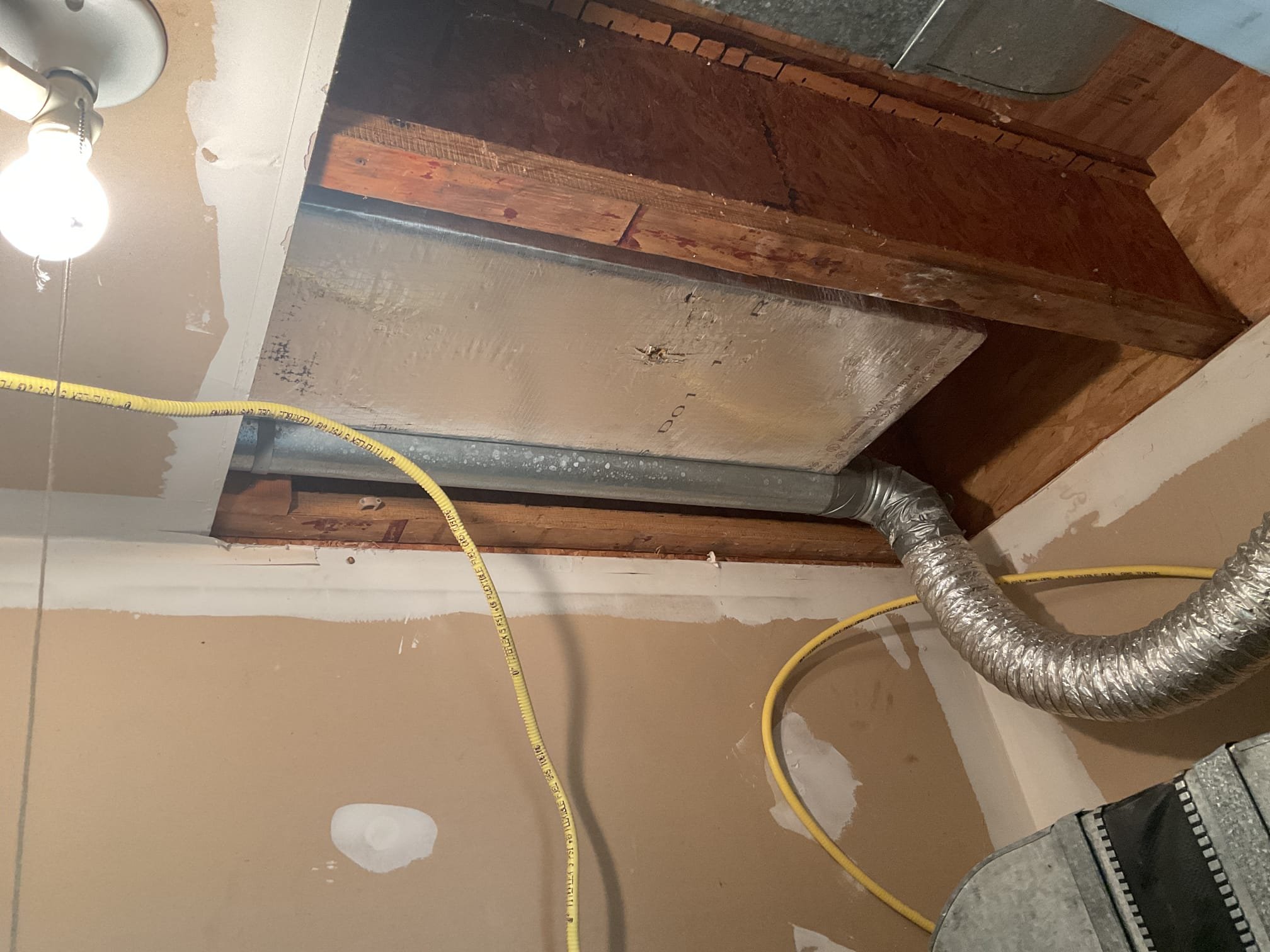 Fiberglass duct 12”x10”x 36” trunk.  22”x12x8” fiberglass trunk. All on return side. Condensation line was broken by sprinkler guy working in closet. Called distributor and got pricing and availability. Picked up single sheet of duct board and made duct work. Collected ballance.