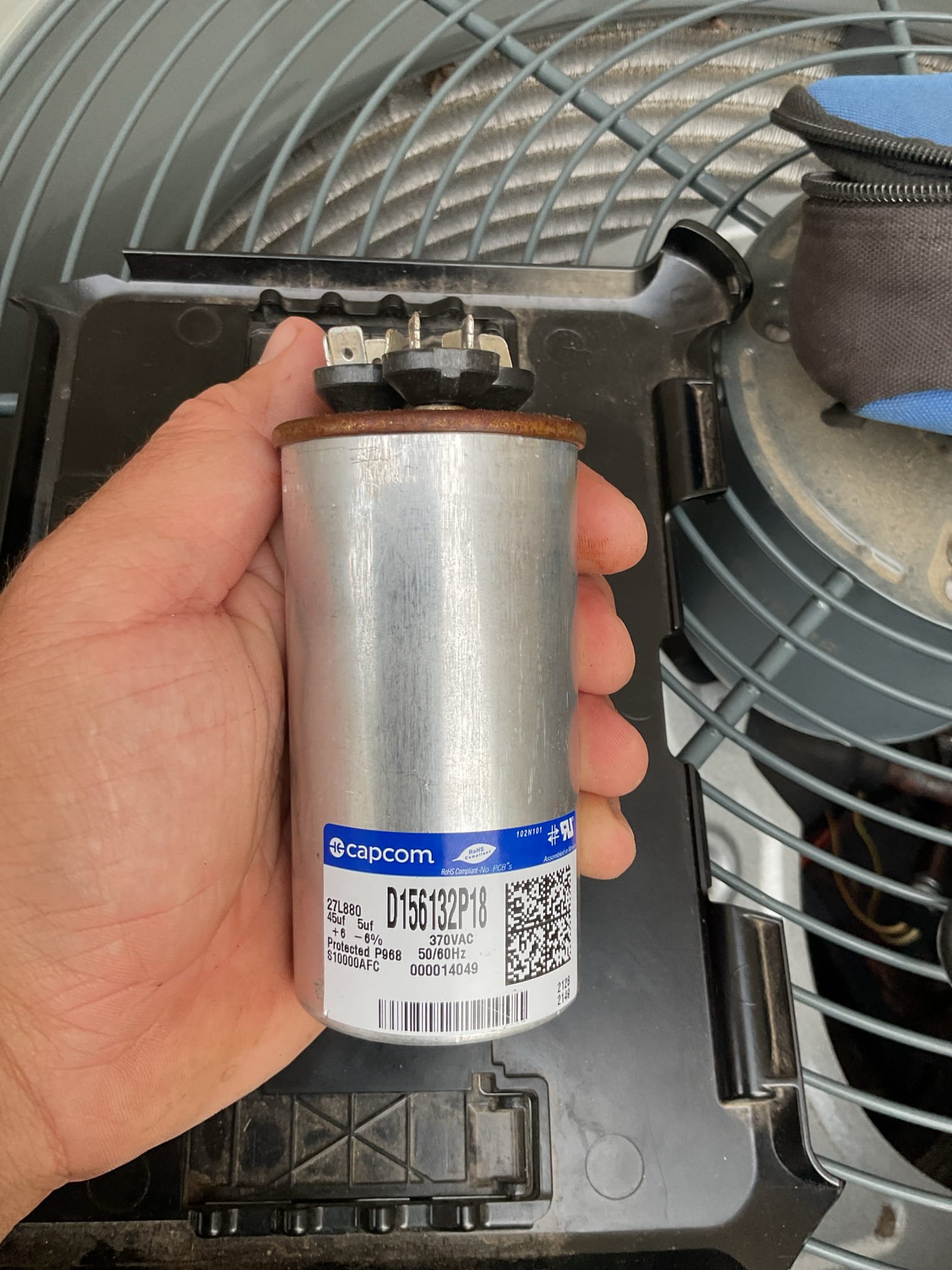 Issue is first floor system not cooling. 
Equipment is 3 Ton Trane AC with Ameristar furnace. AC dates to 2021. 
Furnace dates to 2018. 

Replaced 16x20x1 provided by homeowner. 
Cooled condenser fan motor and compressor with available nearby hose.
Found that the thermostat was working as designed, had a call for cooling at indoor control and to the outdoor unit.
Found failed dual capacitor. Select parts are under a 10 year parts warranty. Offered to replace failed capacitor under parts warranty. Homeowner agreed.
Replaced failed dual capacitor and tested system.
Measured amp draw through all compressor motor winding and amp draw of condenser fan motor with new capacitor.
Checked refrigerant data 7° SC 16°SH Good.

As previously noted that the condensate pumps for 1st floor and basement units have slightly longer discharge times. Provided previous estimate for drain repairs: Replace (2) condensate pumps, replace vi yo discharge tubing for both basement systems and install wet switch fo