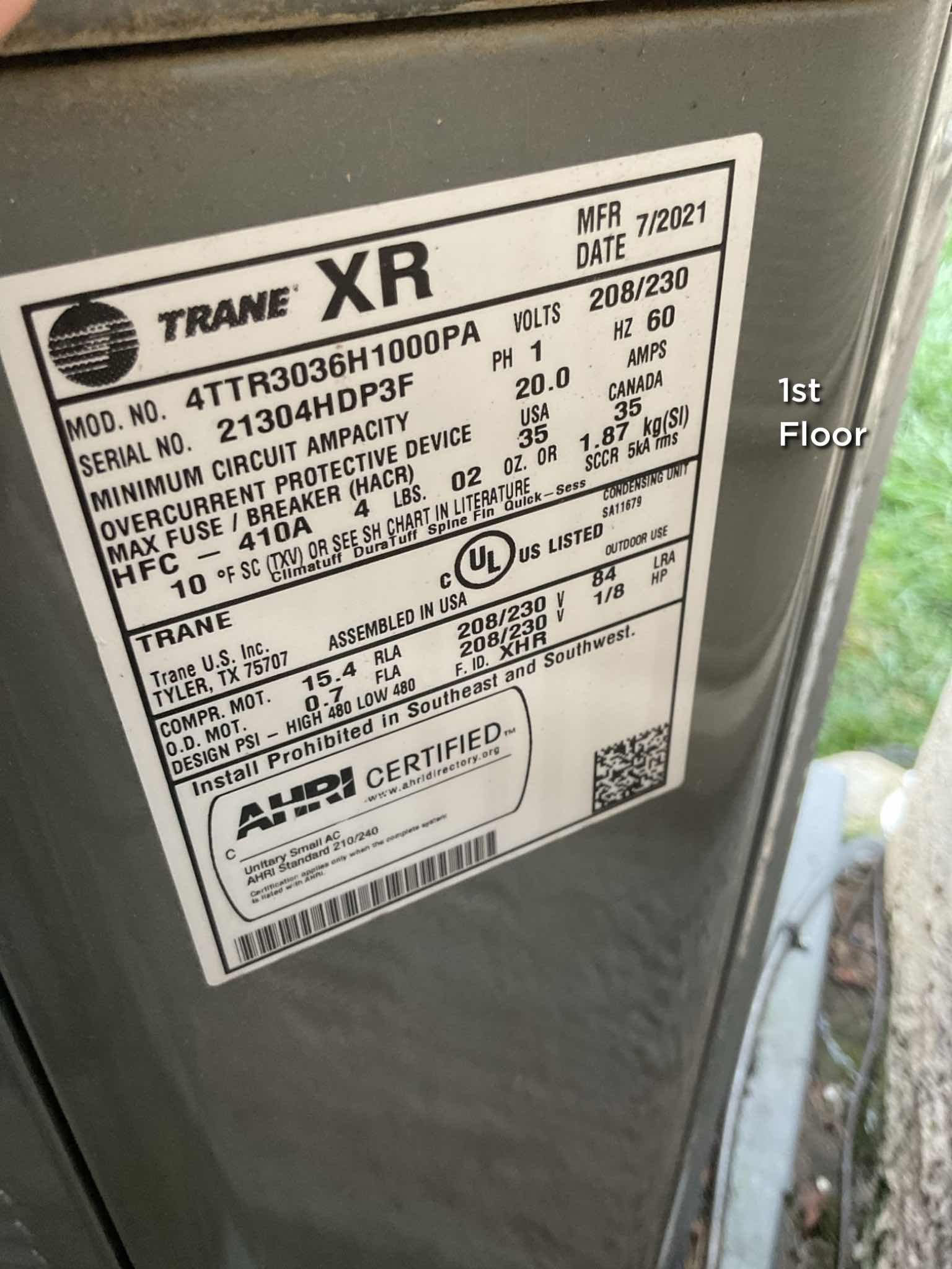 Issue is first floor system not cooling. 
Equipment is 3 Ton Trane AC with Ameristar furnace. AC dates to 2021. 
Furnace dates to 2018. 

Replaced 16x20x1 provided by homeowner. 
Cooled condenser fan motor and compressor with available nearby hose.
Found that the thermostat was working as designed, had a call for cooling at indoor control and to the outdoor unit.
Found failed dual capacitor. Select parts are under a 10 year parts warranty. Offered to replace failed capacitor under parts warranty. Homeowner agreed.
Replaced failed dual capacitor and tested system.
Measured amp draw through all compressor motor winding and amp draw of condenser fan motor with new capacitor.
Checked refrigerant data 7° SC 16°SH Good.

As previously noted that the condensate pumps for 1st floor and basement units have slightly longer discharge times. Provided previous estimate for drain repairs: Replace (2) condensate pumps, replace vi yo discharge tubing for both basement systems and install wet switch fo