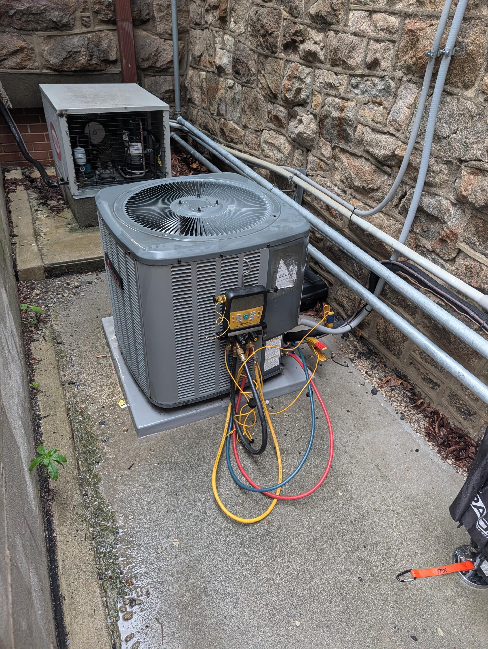 Completed AC tune up for 1.5 Ton Amana AC system
Dibiase install 5/14/19

Replaced 16x25x1 filter
Indoor and outdoor coils in good condition 
Inspected wiring, controls, electric motors and components; left estimates for surge protectors 
Measured temperature split and static pressure 
Inspected drains; clears EZ trap, tested pump; 
Checked integrity of compressor motor (mega ohm test)

Assessed refrigerant charge checked pressures. Found system to initially be at slightly high superheat (22°)  Noticed some oil on suction line but ultimately determined this was from install and normal condensation. 
Issue was with very high relative humidity in the space and high indoor wet bulb. *I emptied the dehumidifier and cleaned dehumidifier filter and turned back on before leaving. 
After 15 minutes run time superheat improved to 17.4° which matches target, and temperature split improved to 18.5°

AC system operating well this time.
