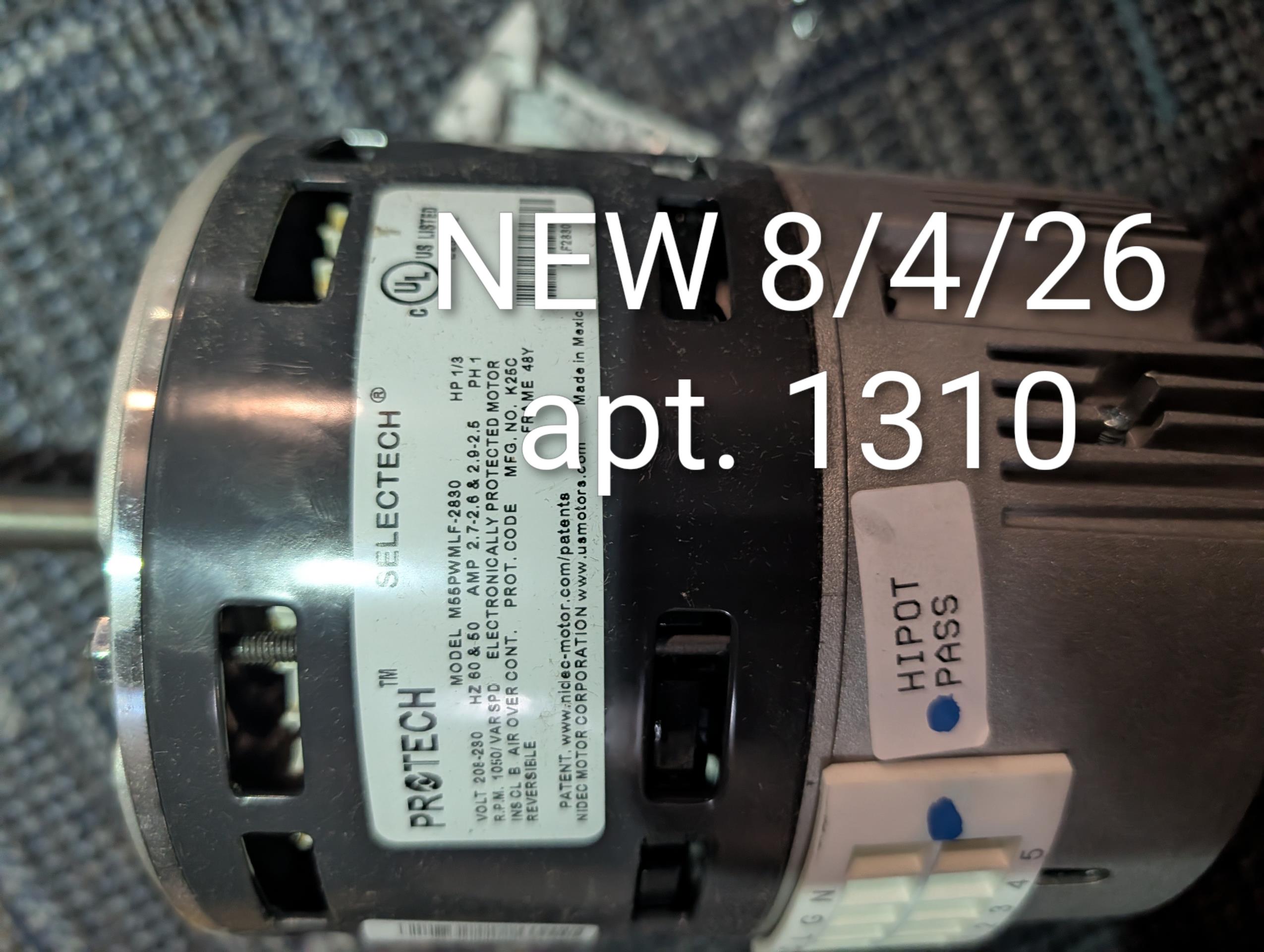 Found failed indoor blower motor. 
Offered to replace today as I had brought motor with me.
Atwater agreed to replacing blower motor.
Replaced and tested blower motor in cooling fan speed and “Fan Only”
Tested system in cooling. 
Temperature split (79-59=20°) system operating well at this time.

Kijuan will replace 20x20x1 filter soon. 
I cleaned the one with shop vac for testing because I did not have one one truck.

System operating well at this time. *This is our first time servicing HVAC system for this apartment. 