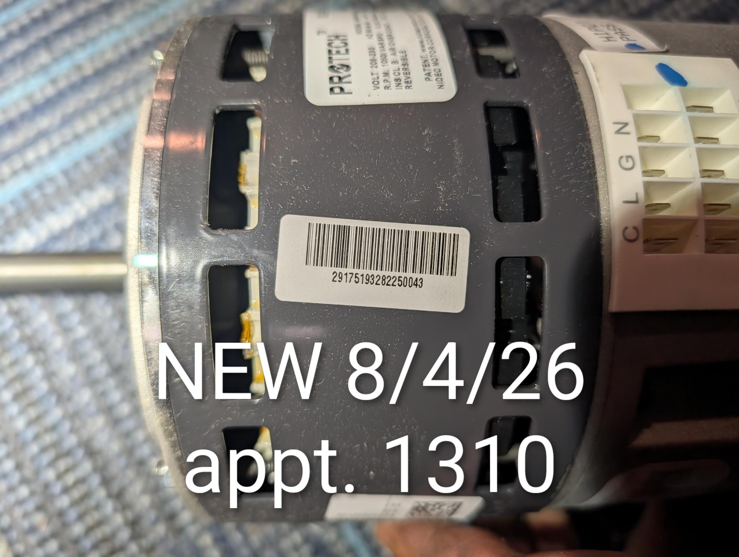 Found failed indoor blower motor. 
Offered to replace today as I had brought motor with me.
Atwater agreed to replacing blower motor.
Replaced and tested blower motor in cooling fan speed and “Fan Only”
Tested system in cooling. 
Temperature split (79-59=20°) system operating well at this time.

Kijuan will replace 20x20x1 filter soon. 
I cleaned the one with shop vac for testing because I did not have one one truck.

System operating well at this time. *This is our first time servicing HVAC system for this apartment. 