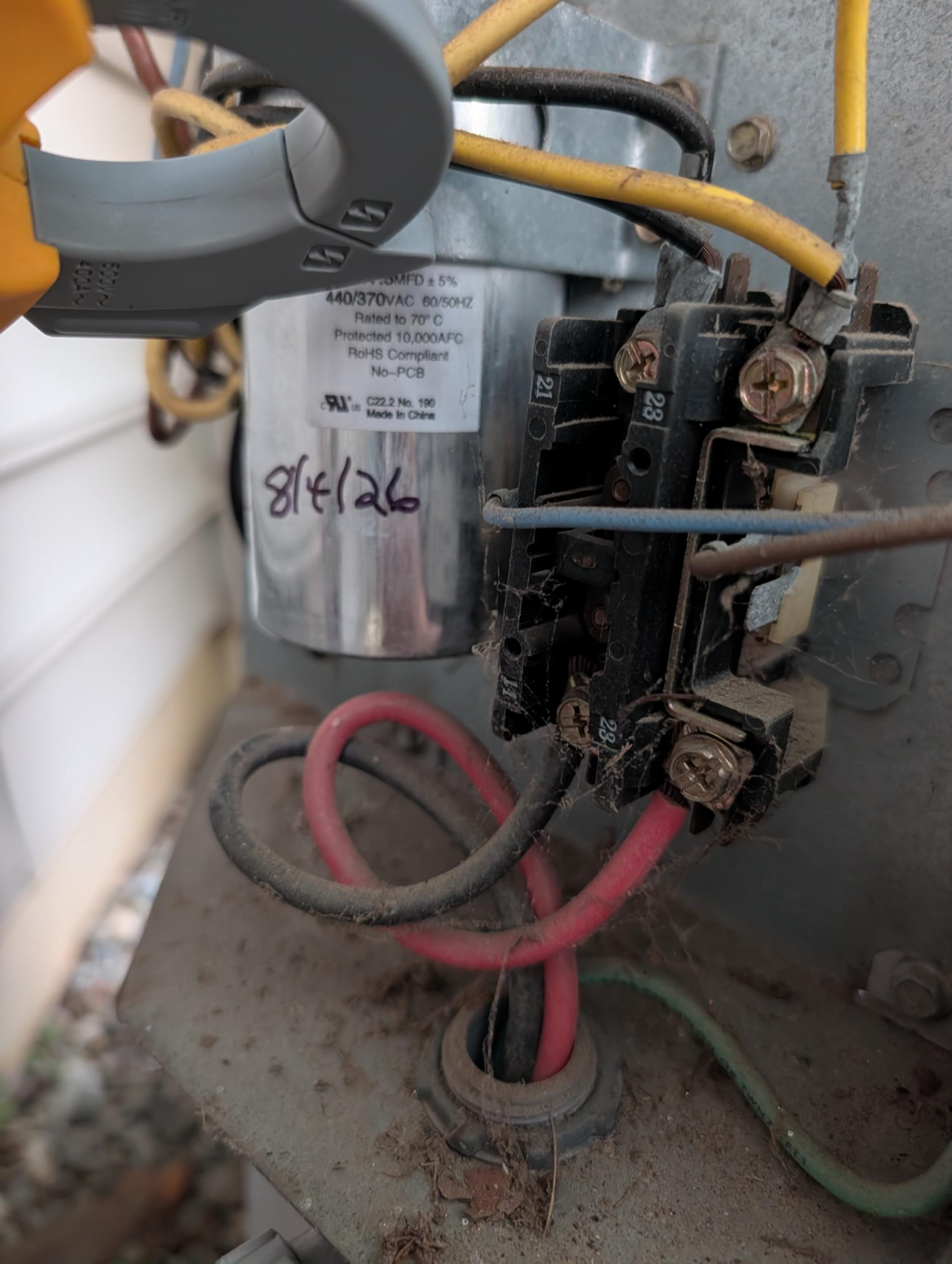 No cooling for 3.5 Ton Carrier AC system.
AC is original to the house 21 years old. The funace was installed 1/30/17: 9 years old.
Found failed 50/7.5 capacitor at outdoor unit. Offered to replace failed capacitor. Homeowner agreed to replace failed capacitor. Completed and tested. 
Found blower speed for cooling set for Hi (5ton AC). I dropped to (MED LO 3.5 Ton AC. based on furnace blower performance chart *see photo
Target superheat based on indoor wet bulb (66°) and outdoor dry bulb temperature 81° is 18.7° (See Photos)
System is running at 36°SH *changing fan speed did not make a significant difference. System is undercharged on outdated refrigerant. 
Indoor equipment lacks water safeties. Located in second floor closet. Water safeties are very important with regards protecting floors and ceilings below. Provided estimates for these safeties

System is undercharged on R22 refrigerant. R22 is an outdated refrigerant.AC equipment is beyond replacement age. The most sensible thing to